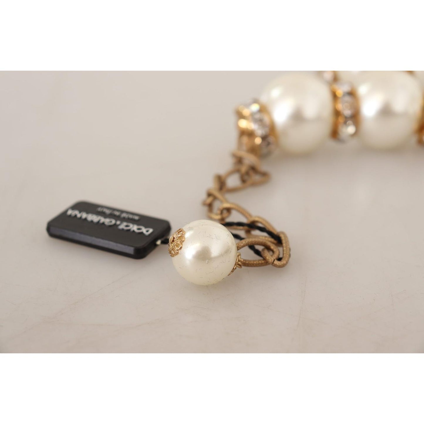 Dolce & Gabbana Elegant Faux Pearl Charm Necklace with Crystal Accents Necklace Dolce & Gabbana Gray