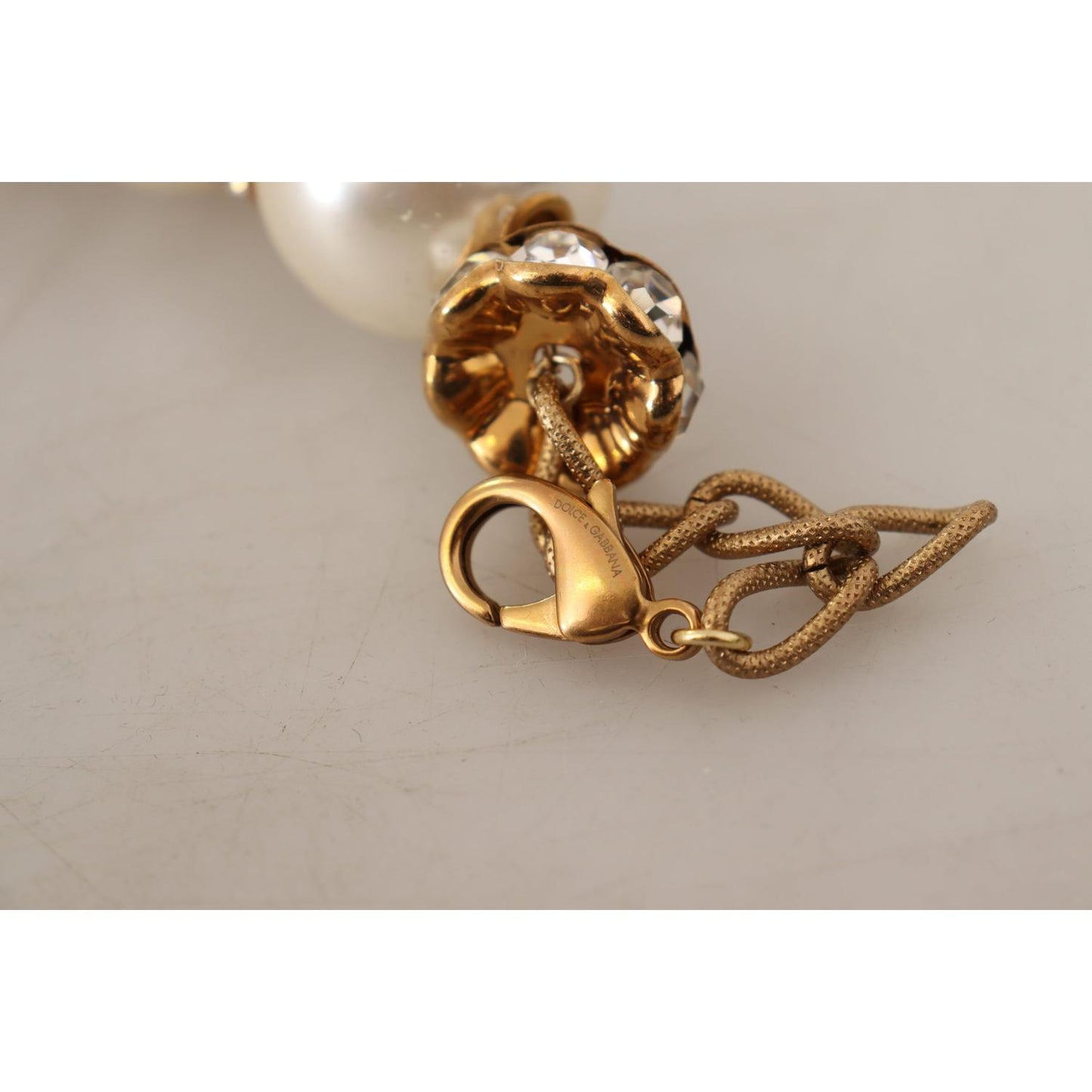 Dolce & Gabbana Elegant Faux Pearl Charm Necklace with Crystal Accents Necklace Dolce & Gabbana Dark Gray