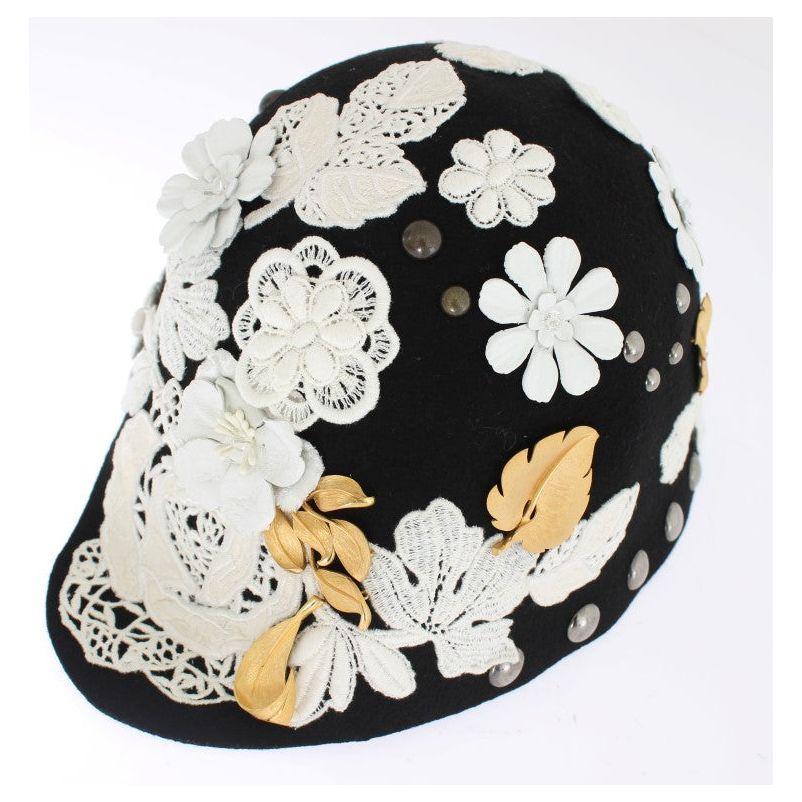 Dolce & Gabbana Elegant Black Floral Wool Cloche Hat Hat Dolce & Gabbana Black