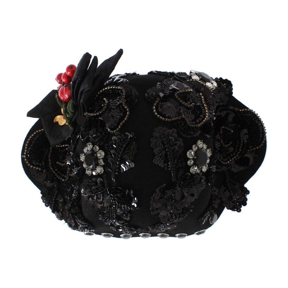 Dolce & Gabbana Elegant Black Crystal-Adorned Cloche Hat Cap Dolce & Gabbana Black