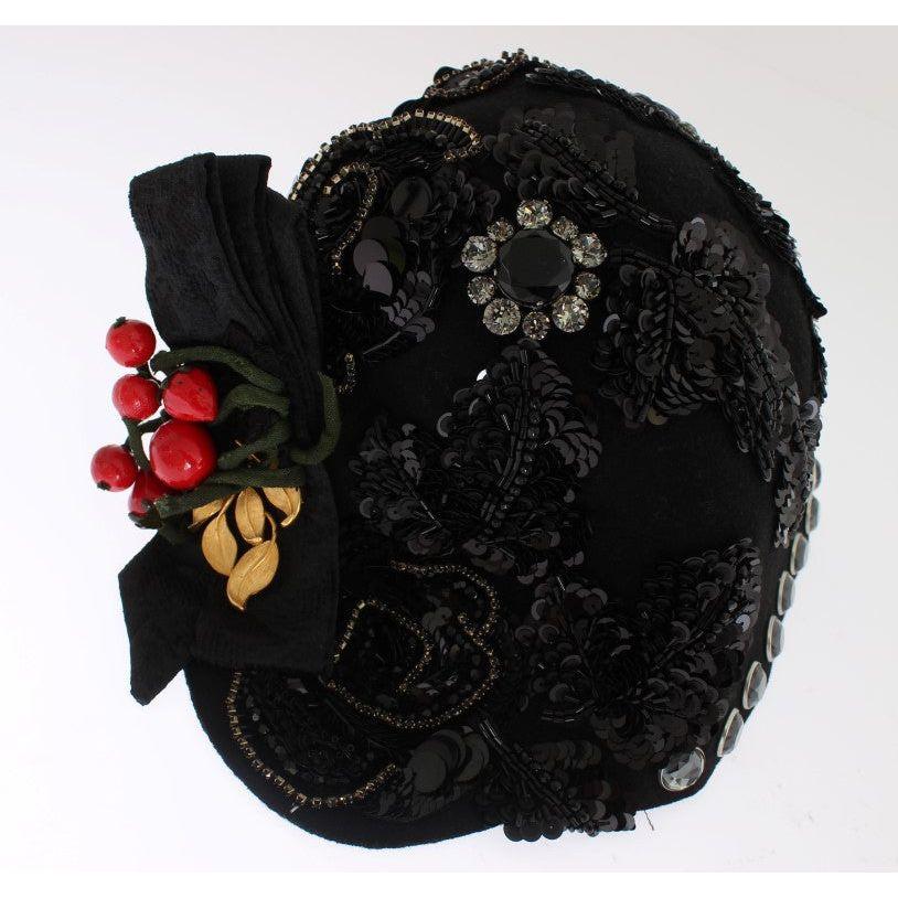 Dolce & Gabbana Elegant Black Crystal-Adorned Cloche Hat Cap Dolce & Gabbana Black