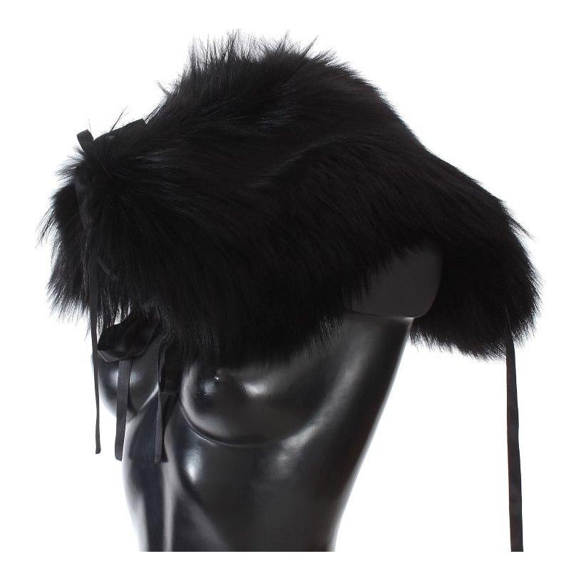 Dolce & Gabbana Elegant Black Fox Fur Silk Shoulder Wrap Fur Wrap Scarves Dolce & Gabbana Black