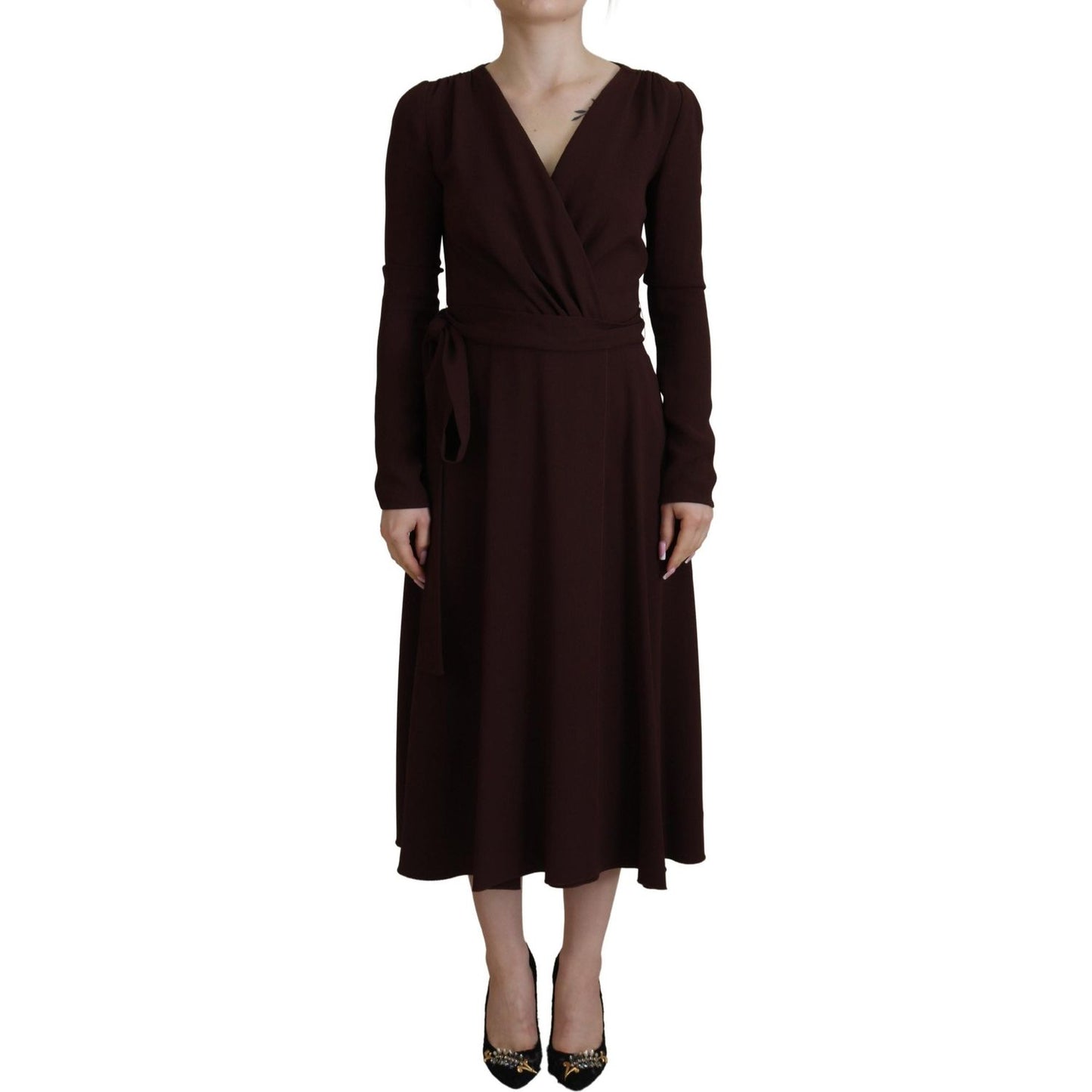 Dolce & Gabbana Elegant Brown Long Sleeve Wrap Dress Dolce & Gabbana Black