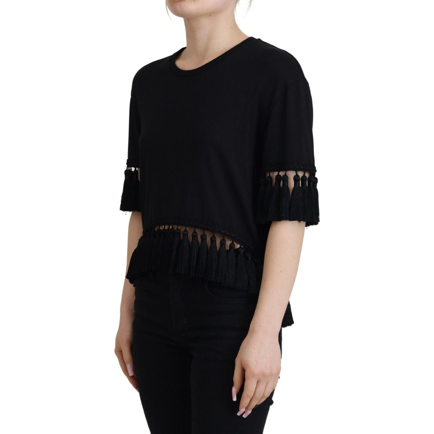Dolce & Gabbana Black T-shirt Blouse Tassle Cotton Blouse