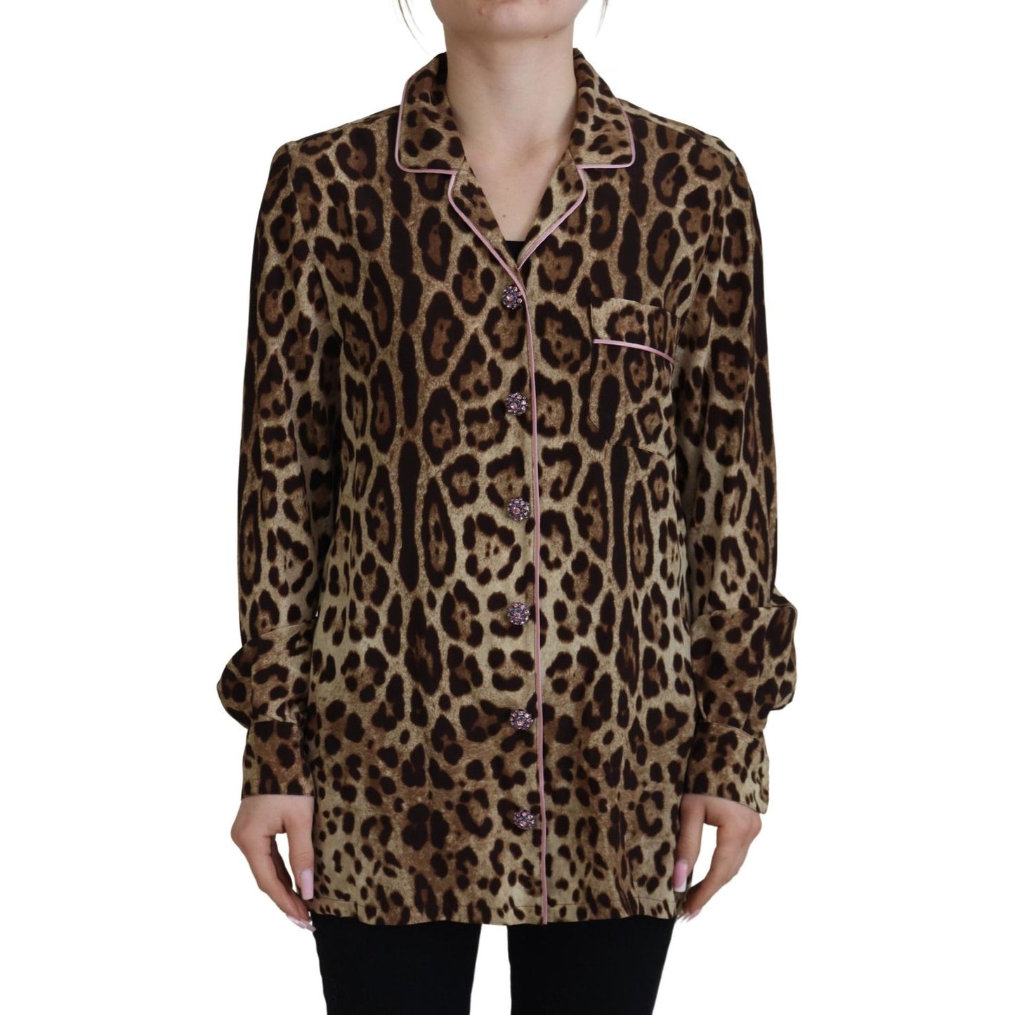 Dolce & Gabbana Elegant Silk Leopard Print Collared Top Dolce & Gabbana Dark Slate Gray