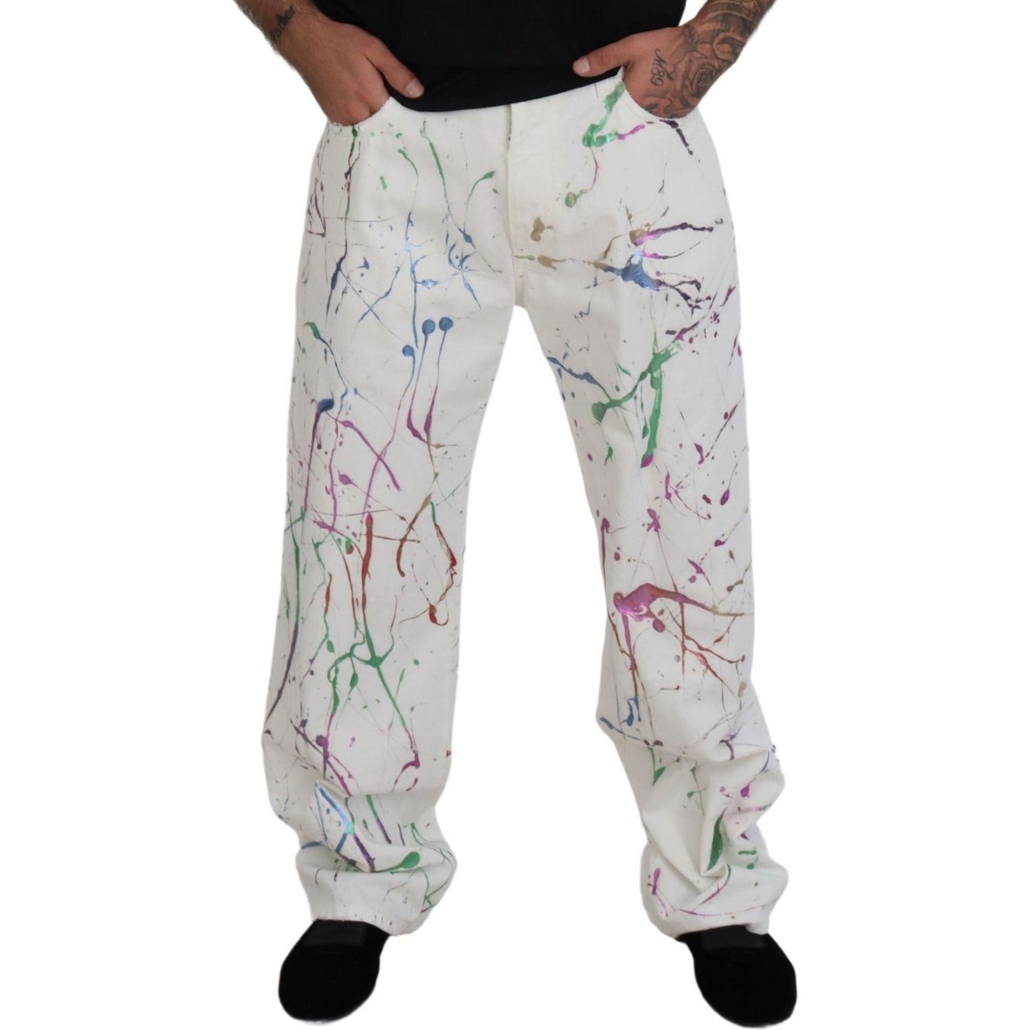 Dolce & Gabbana White Cotton Color Splash Print Denim Pants PAN73299 - 48
