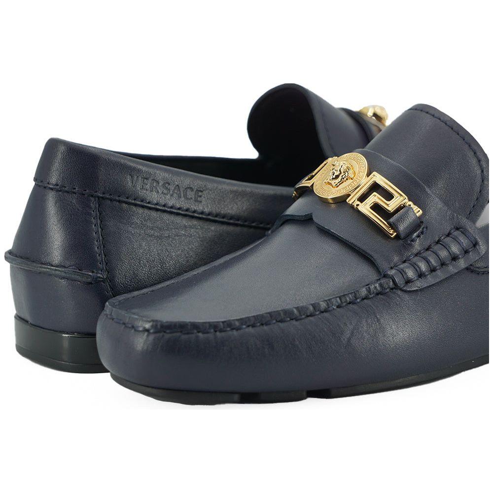 Versace Elegant Navy Blue Calf Leather Loafers Versace Dark Slate Gray