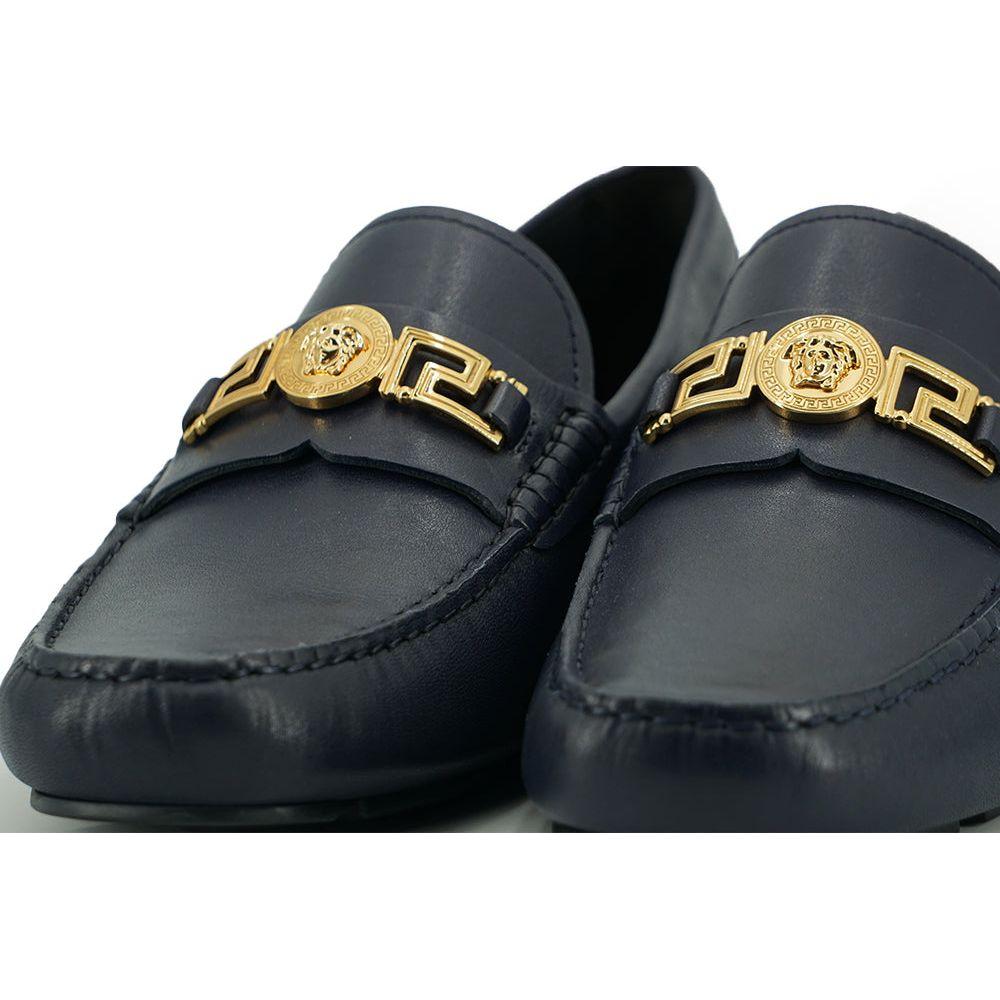 Versace Elegant Navy Blue Calf Leather Loafers Versace Dark Slate Gray