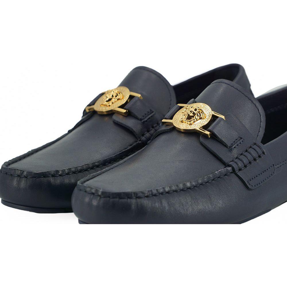 Versace Elegant Navy Blue Calf Leather Loafers Versace Dark Slate Gray