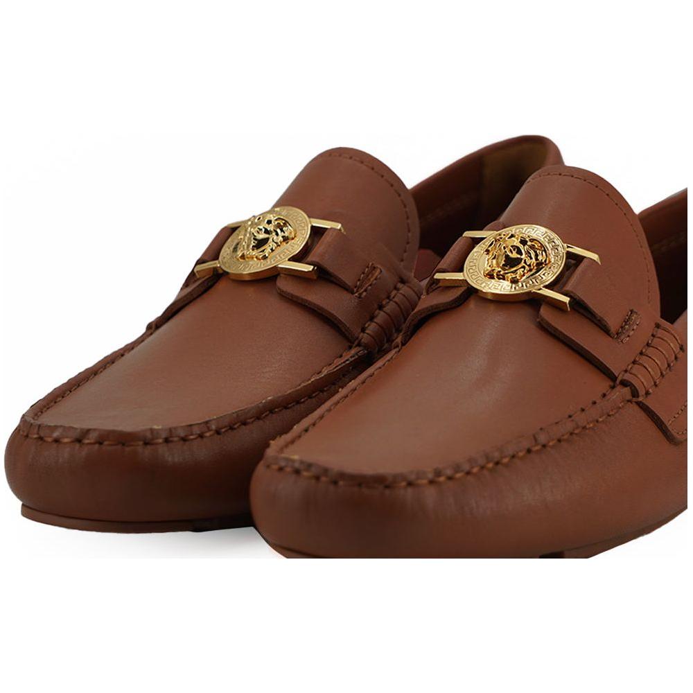 Versace Elegant Medusa-Embossed Leather Loafers Versace Saddle Brown