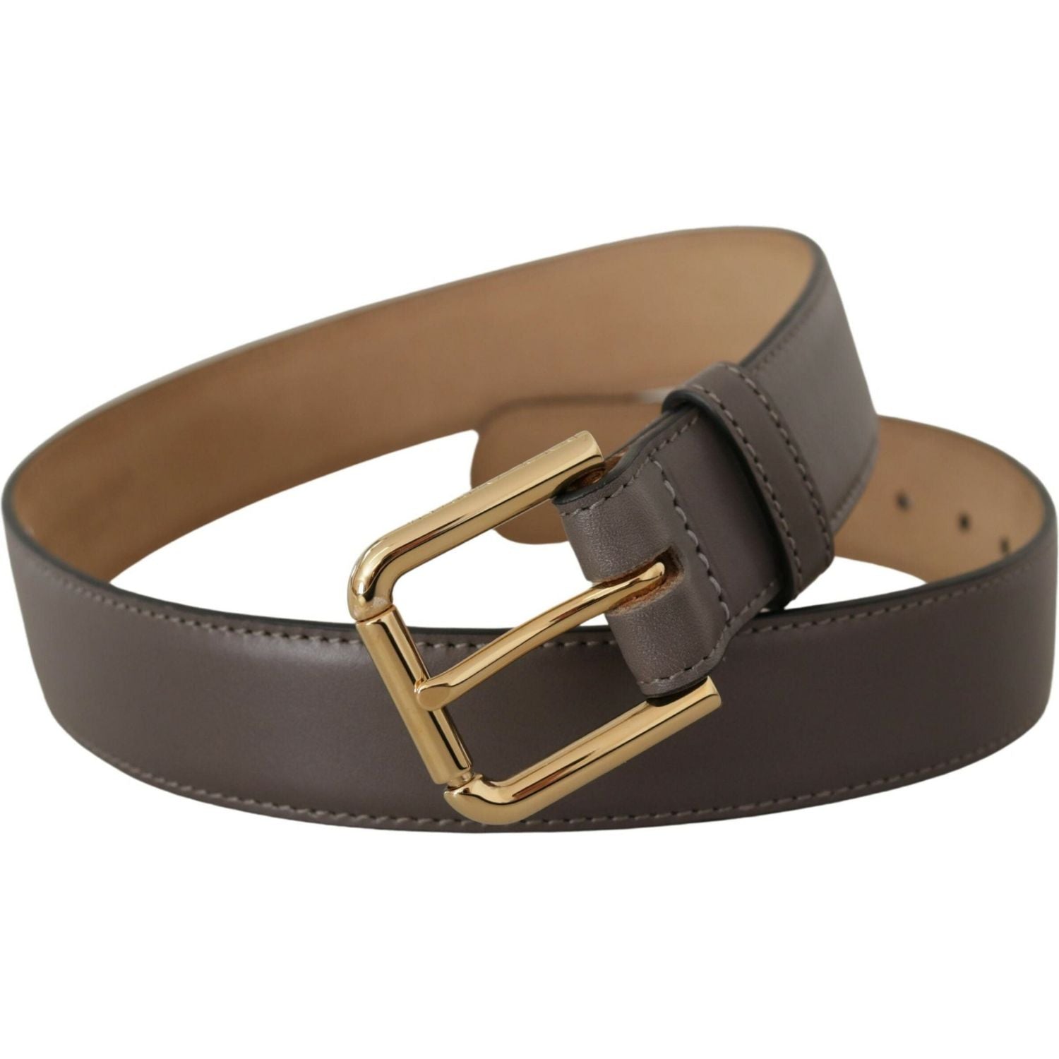 Dolce & Gabbana Gray Calfskin Leather Gold Metal Logo Buckle Belt