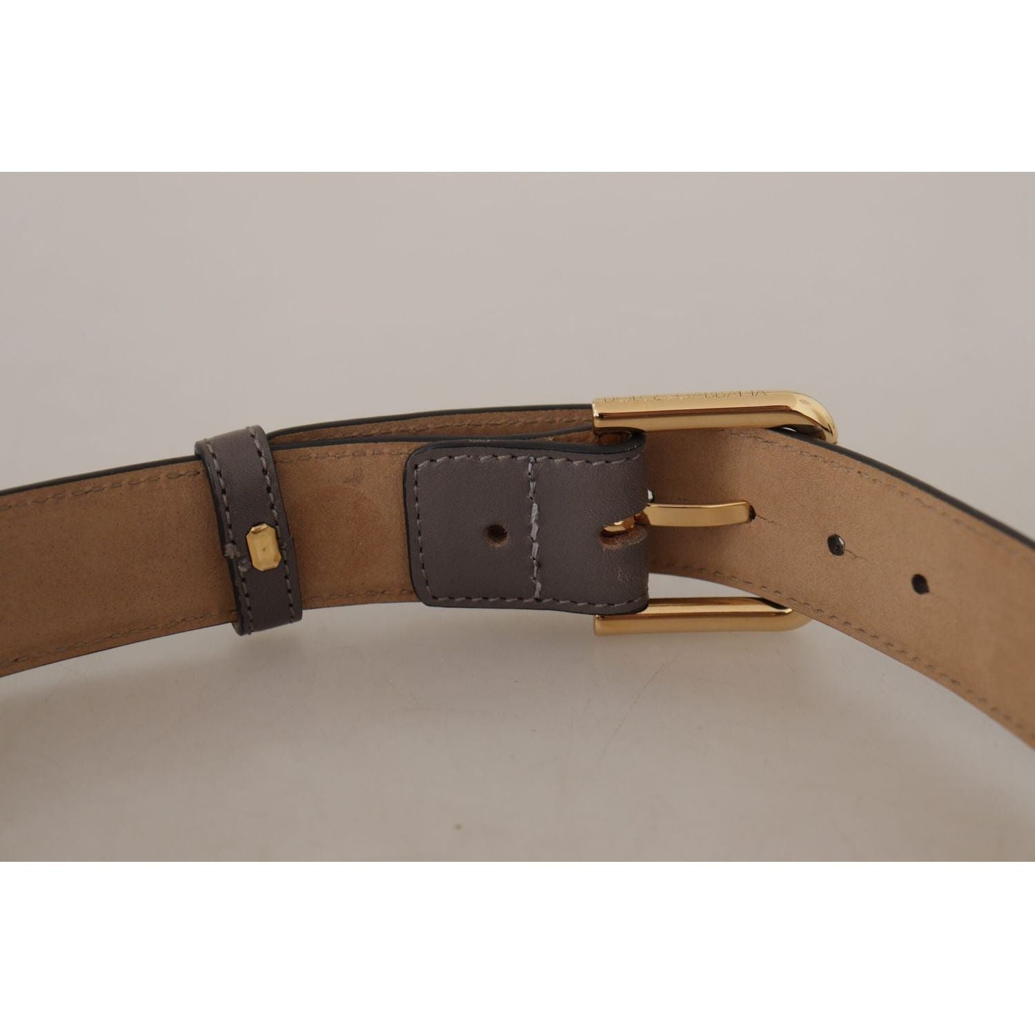 Dolce & Gabbana Gray Calfskin Leather Gold Metal Logo Buckle Belt