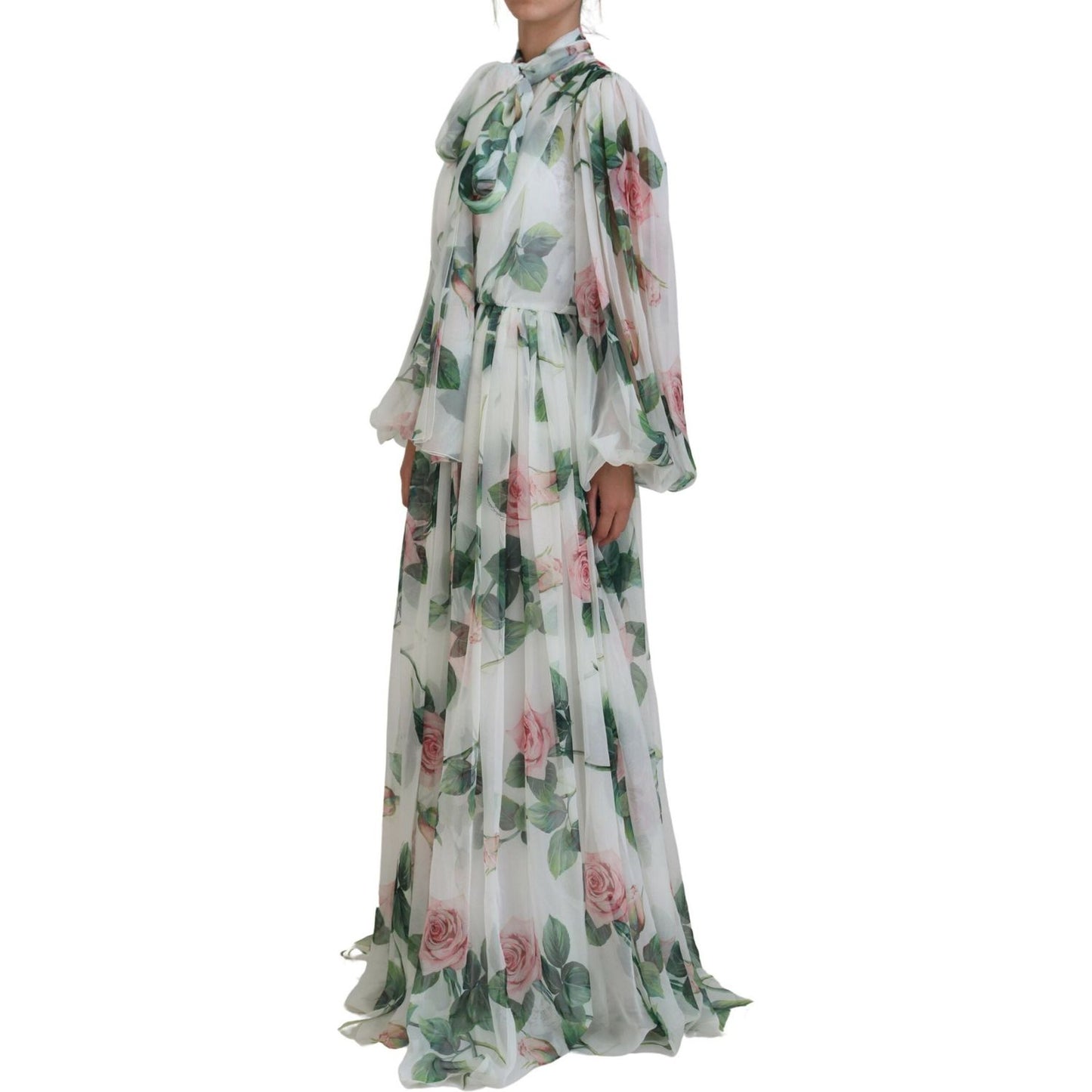 Dolce & Gabbana Elegant White Silk Maxi Dress with Rose Print Dolce & Gabbana Dark Gray