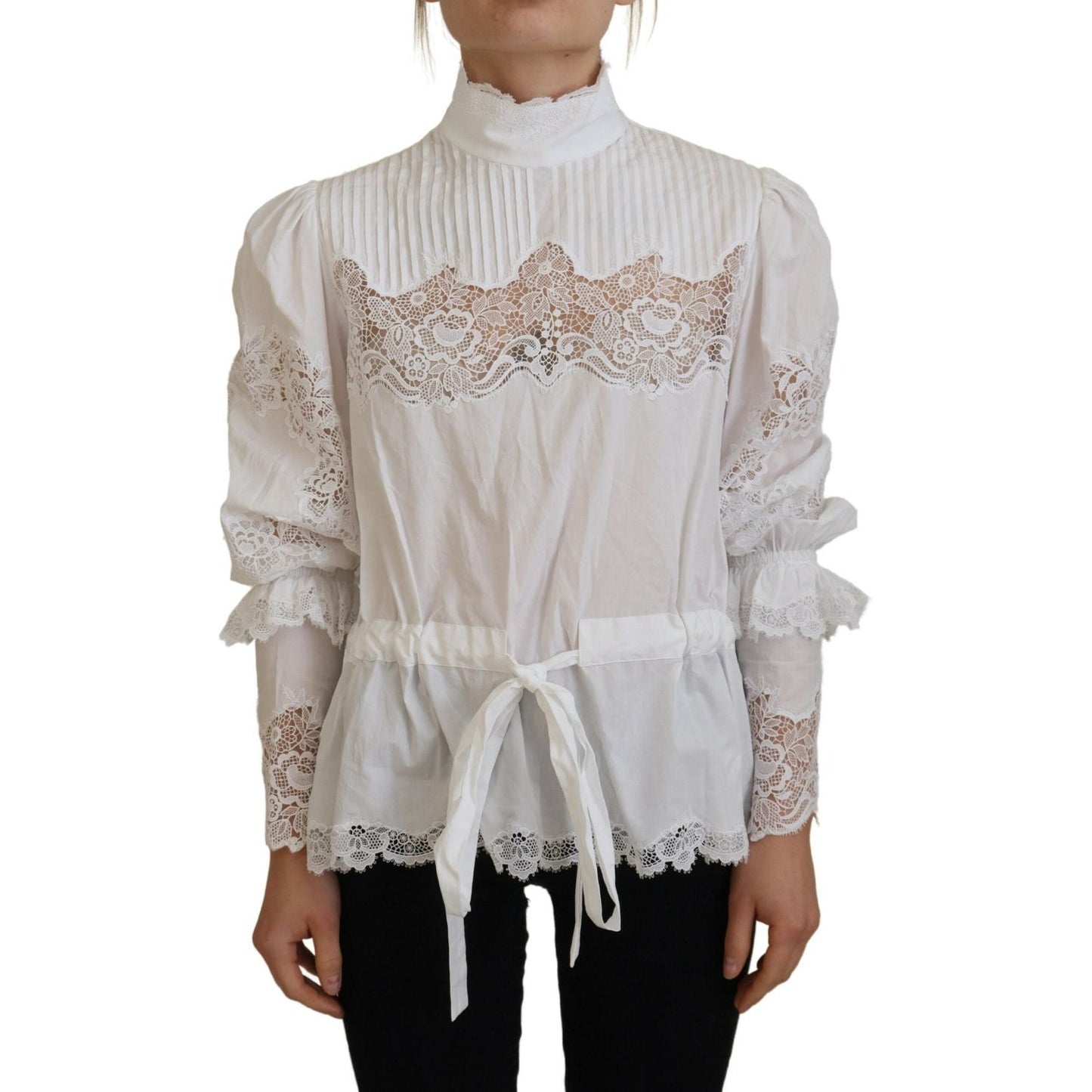 Dolce & Gabbana Elegant White Lace Trim Cotton Blouse Dolce & Gabbana Gray