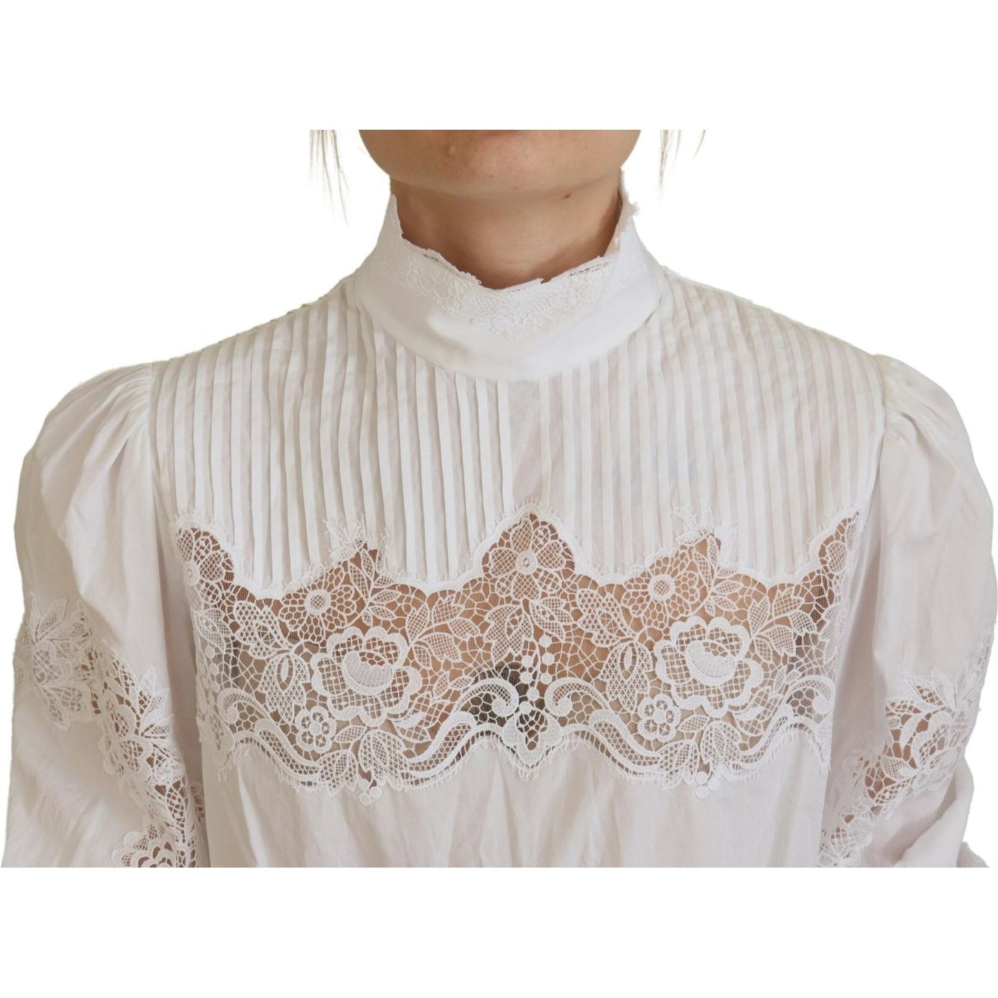 Dolce & Gabbana Elegant White Lace Trim Cotton Blouse Dolce & Gabbana Gray