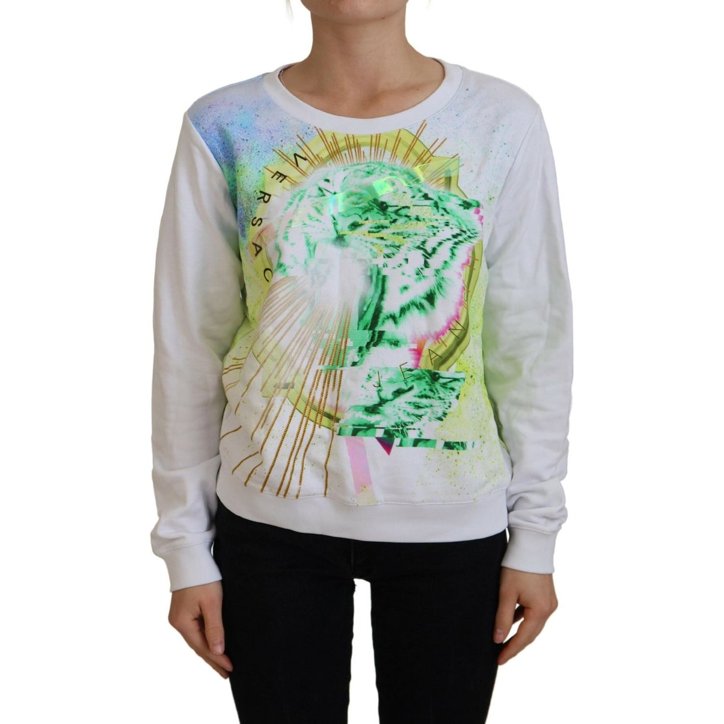 Versace Jeans Elegant White Graphic Crew Neck Sweater Versace Jeans Dark Gray