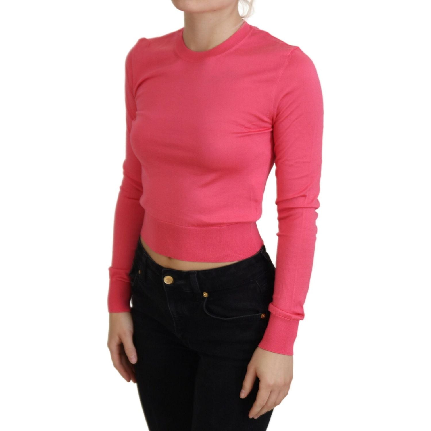 Dolce & Gabbana Pink Silk Cropped Crewneck Pullover Sweater