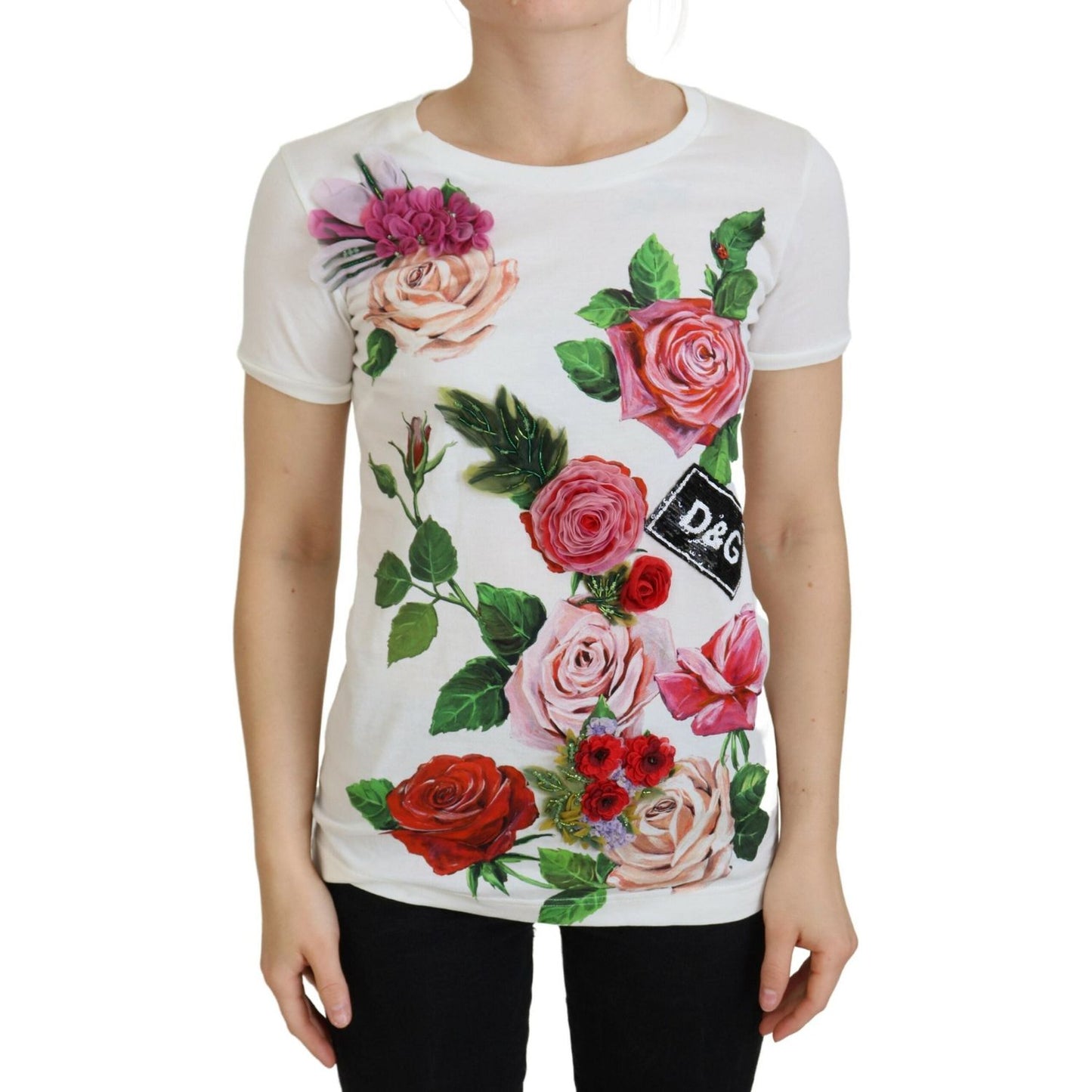 Dolce & Gabbana Elegant Multicolor Rose Print Cotton Tee Dolce & Gabbana Gray
