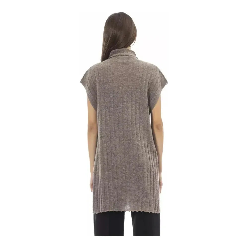 Alpha Studio Brown Wool Women Sweater with Side Slits Alpha Studio Dim Gray