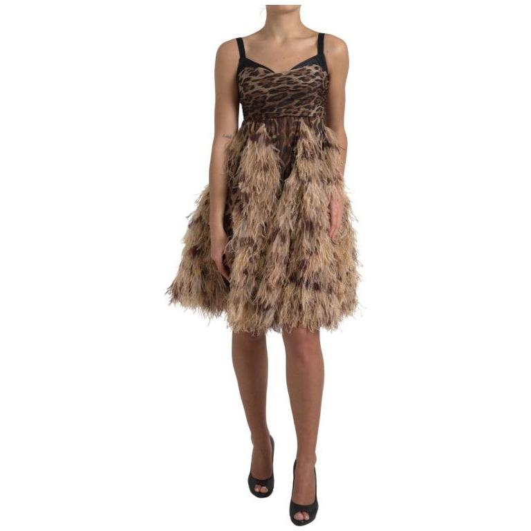 Dolce & Gabbana Sleeveless Leopard Chiffon Ostrich-Feather Dress Dolce & Gabbana Dim Gray