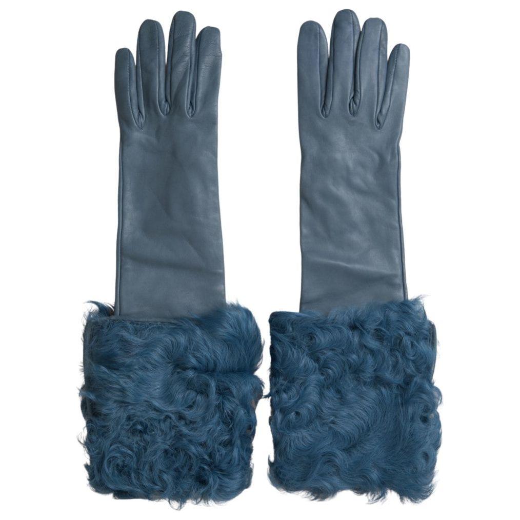 Dolce & Gabbana Elegant Blue Leather Gloves with Fur Trim Dolce & Gabbana Dark Slate Gray