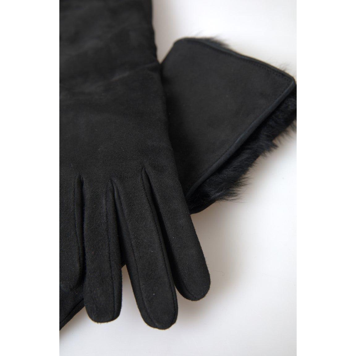 Dolce & Gabbana Elegant Leather Elbow Length Gloves with Fur Trim Dolce & Gabbana Dark Slate Gray