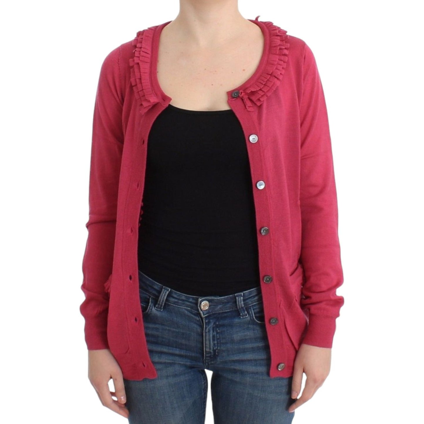 John Galliano Ruffle Detail Wool Cardigan in Pink John Galliano Dark Slate Gray