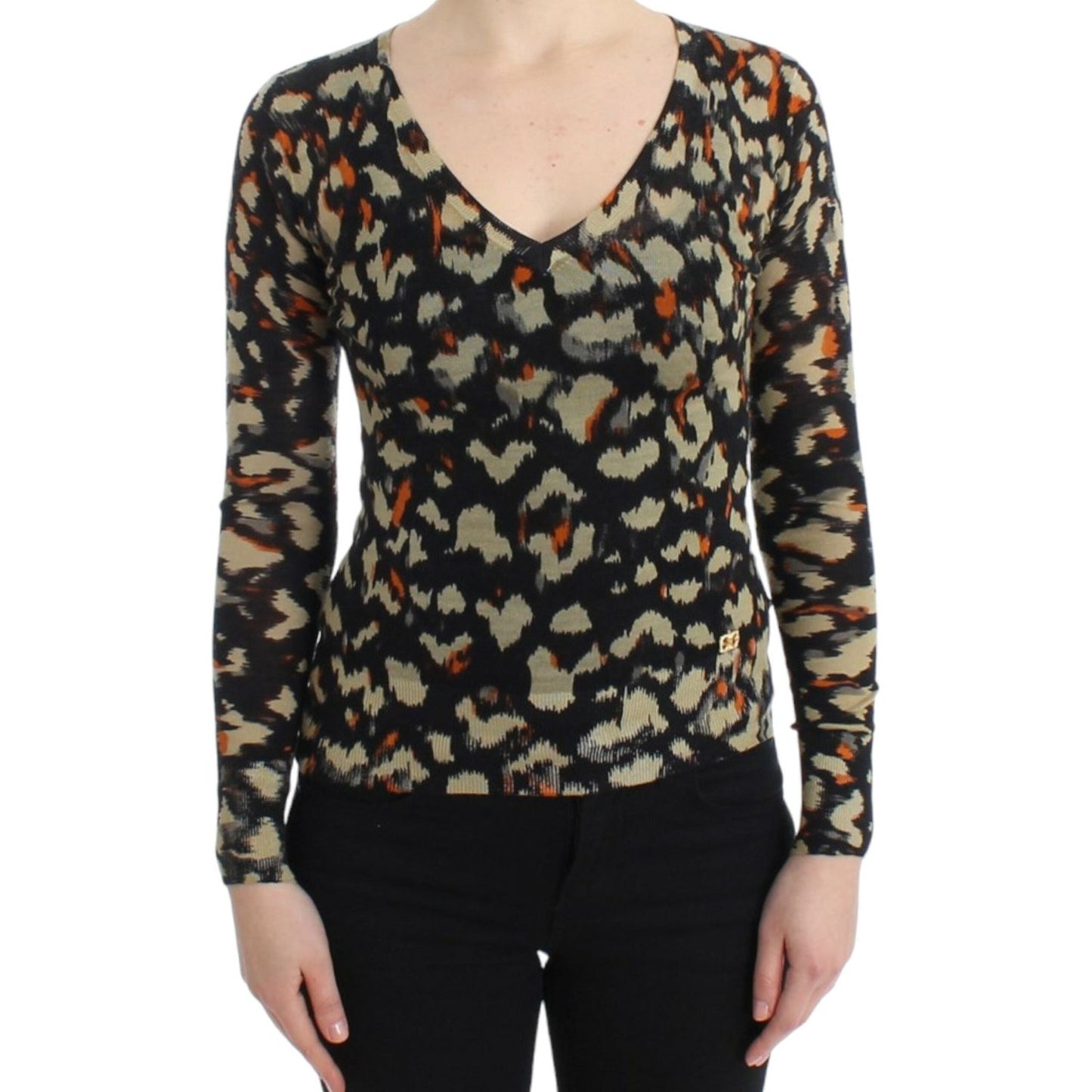 Cavalli Elegant Multicolor V-Neck Wool Jumper Cavalli Tan