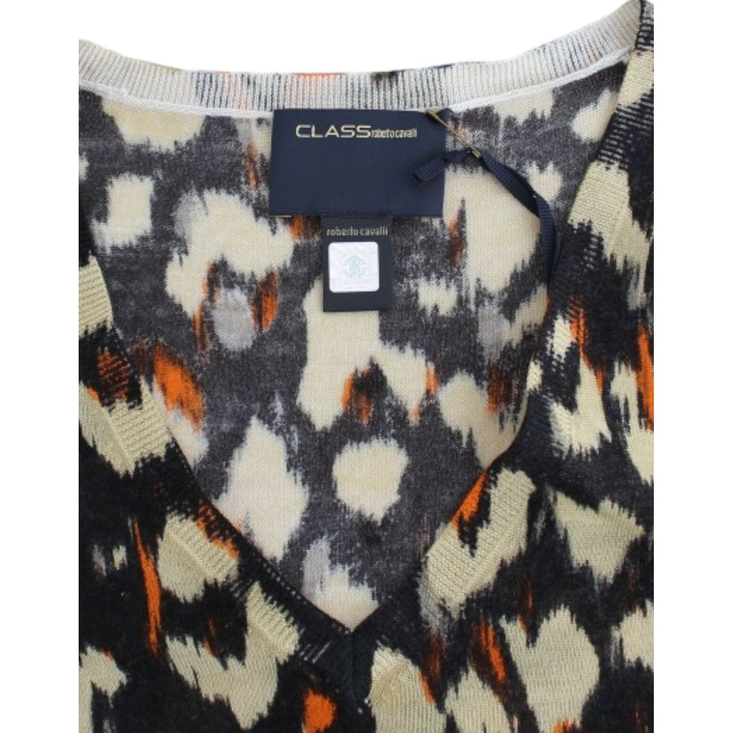 Cavalli Elegant Multicolor V-Neck Wool Jumper Cavalli Gray