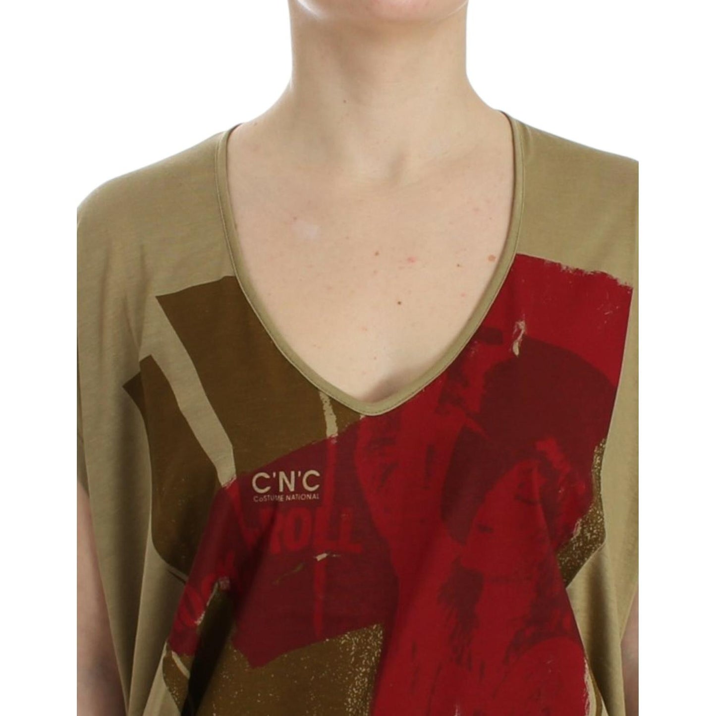 Costume National Chic Green Multicolor Print V-Neck Tee Costume National Saddle Brown