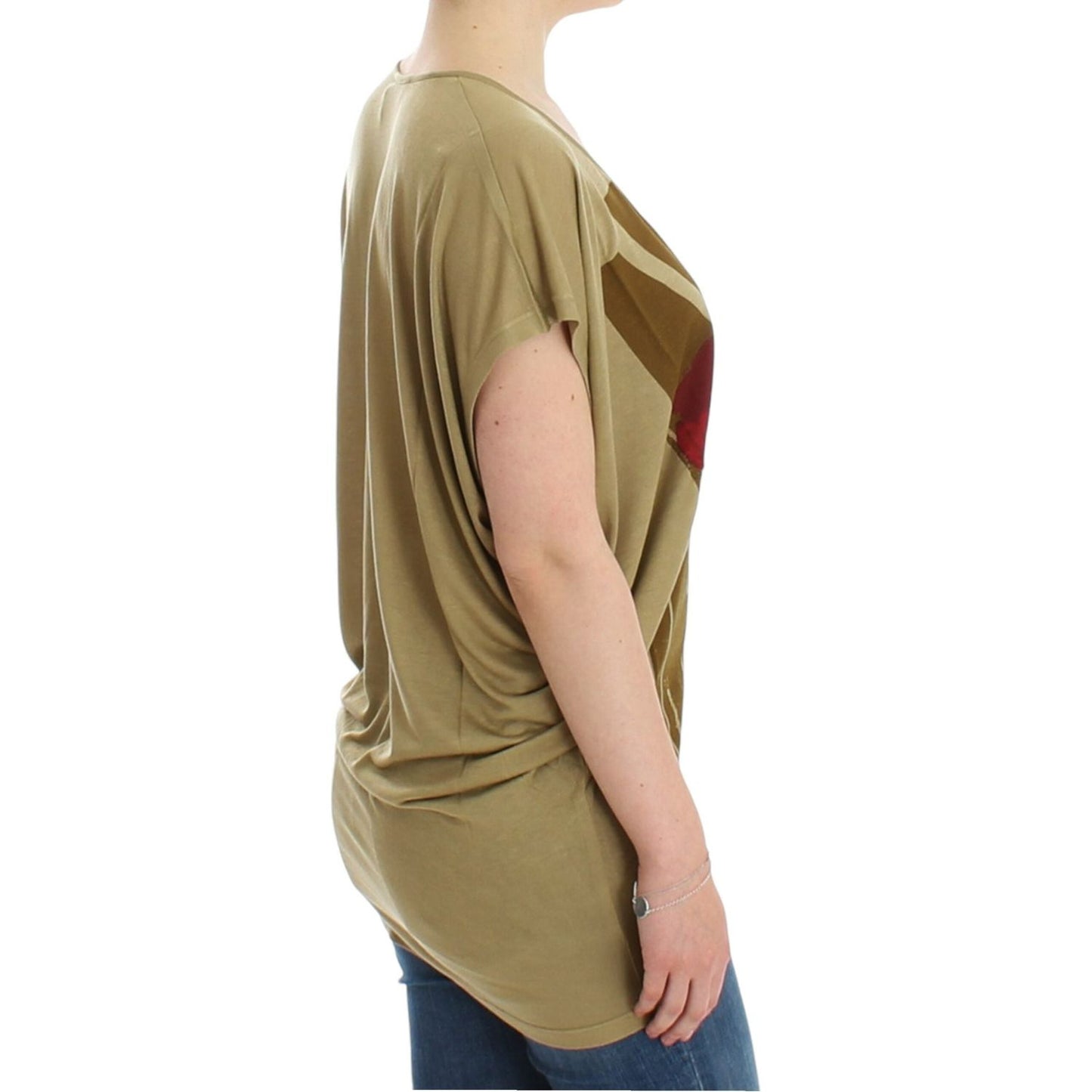 Costume National Chic Green Multicolor Print V-Neck Tee Costume National Rosy Brown
