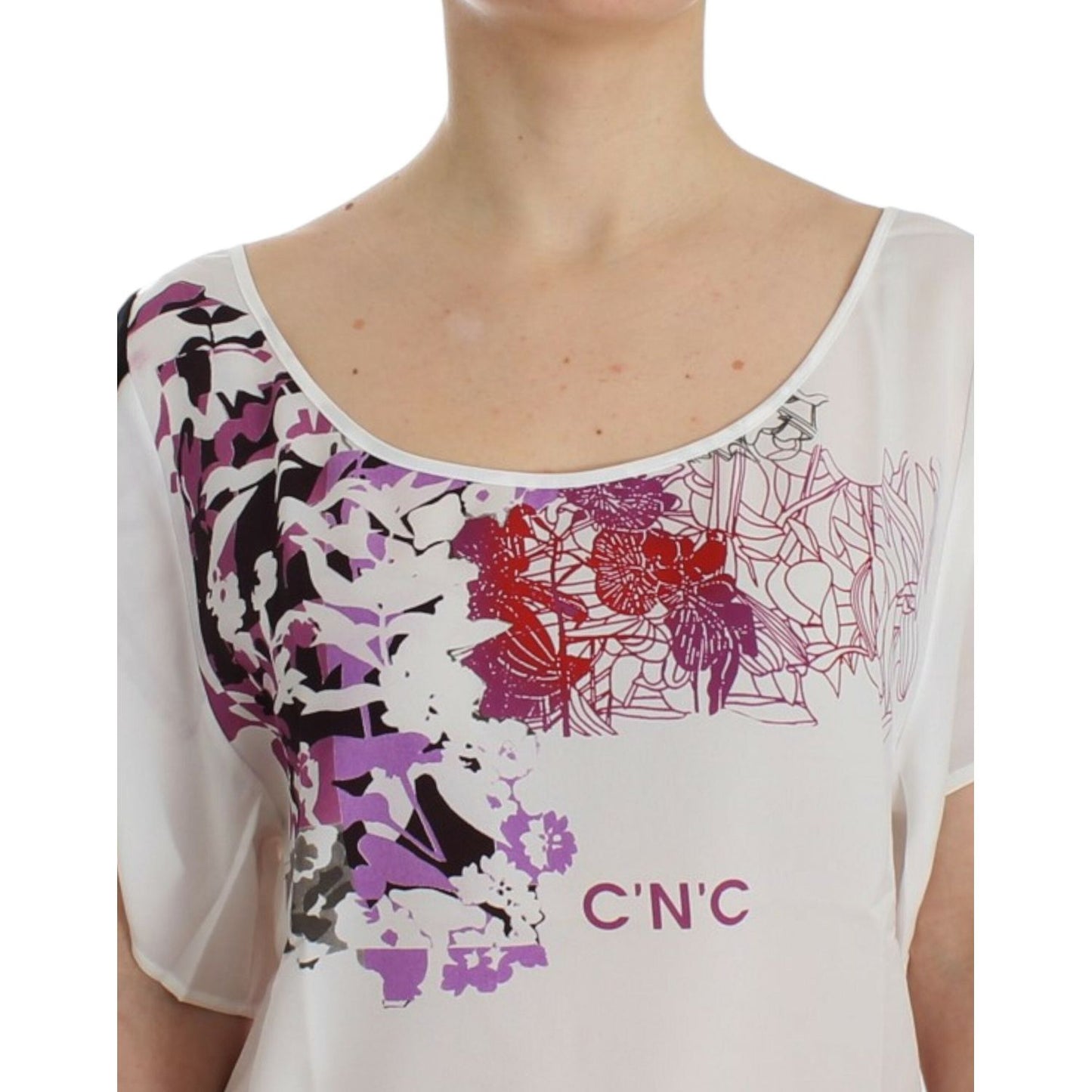 Costume National Chic White V-Neck Motive Print Tee Costume National Gray