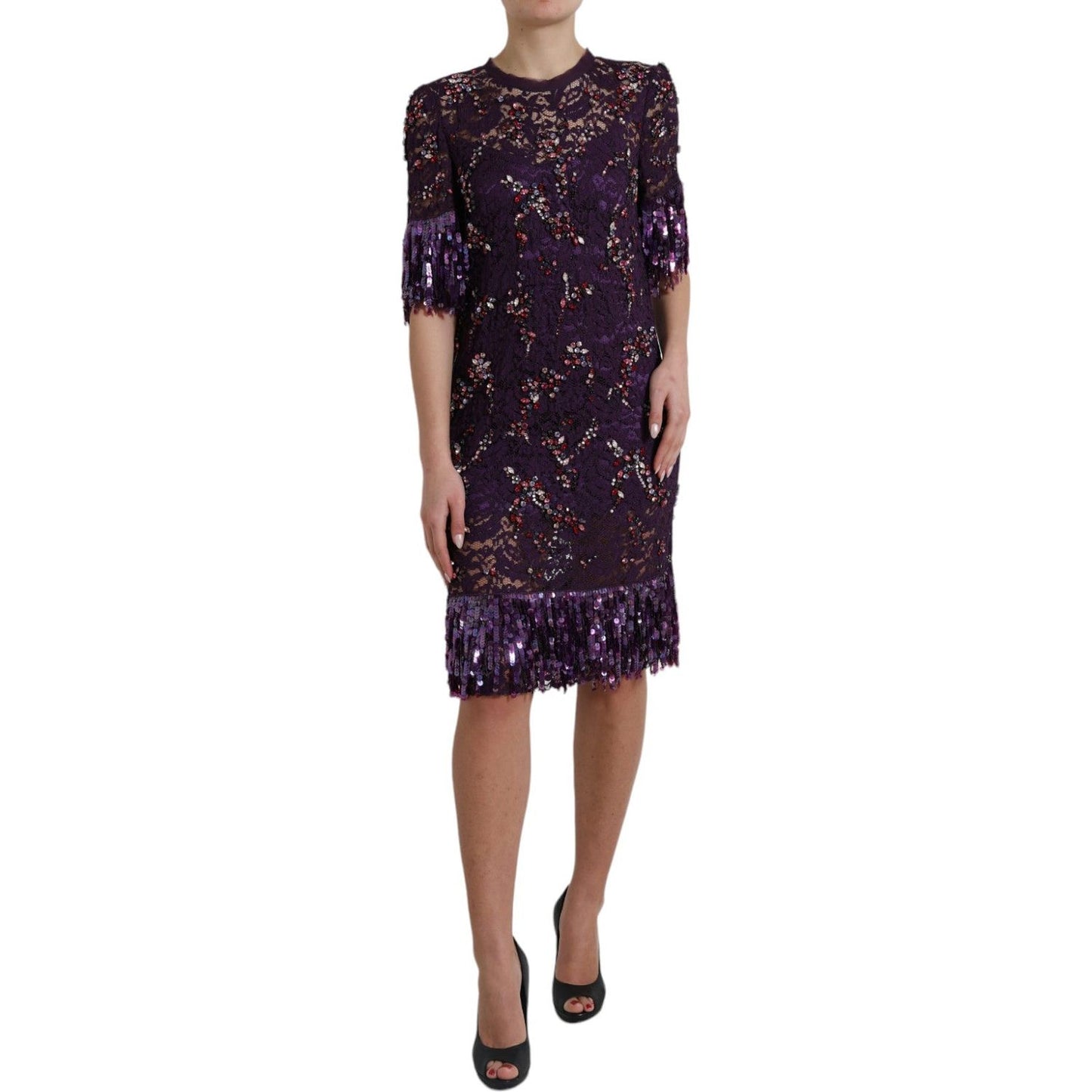 Dolce & Gabbana Elegant Purple Floral Lace Crystal Dress Dolce & Gabbana Rosy Brown