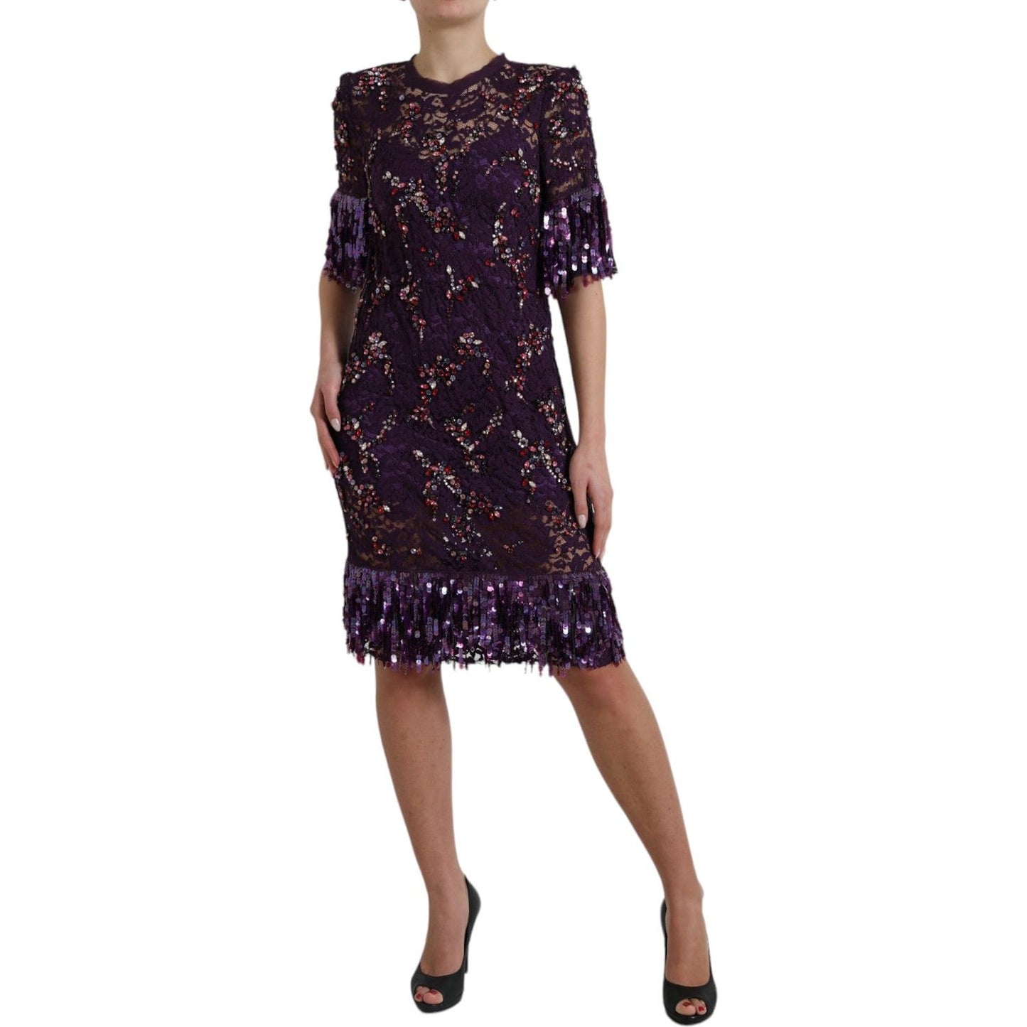 Dolce & Gabbana Elegant Purple Floral Lace Crystal Dress Dolce & Gabbana Black