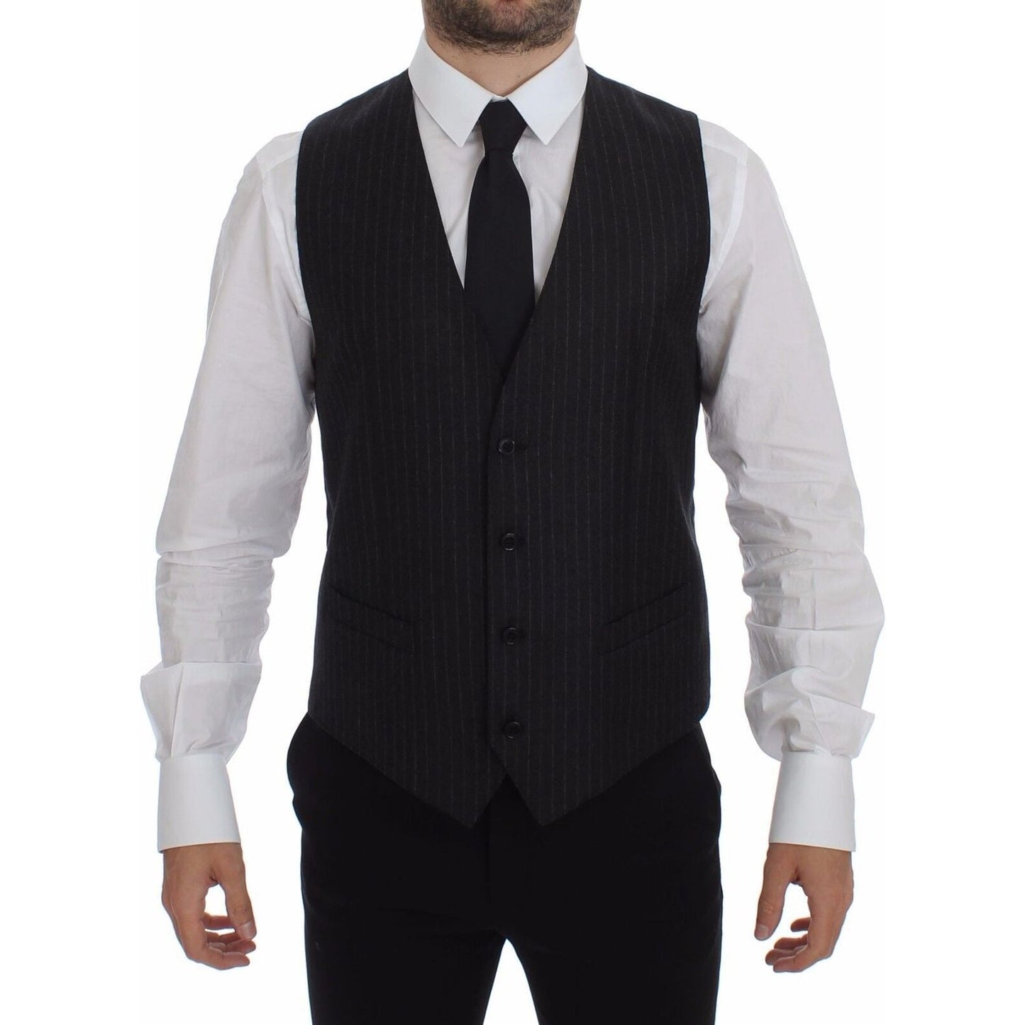 Dolce & Gabbana Elegant Gray Striped Wool Dress Vest Dolce & Gabbana Black