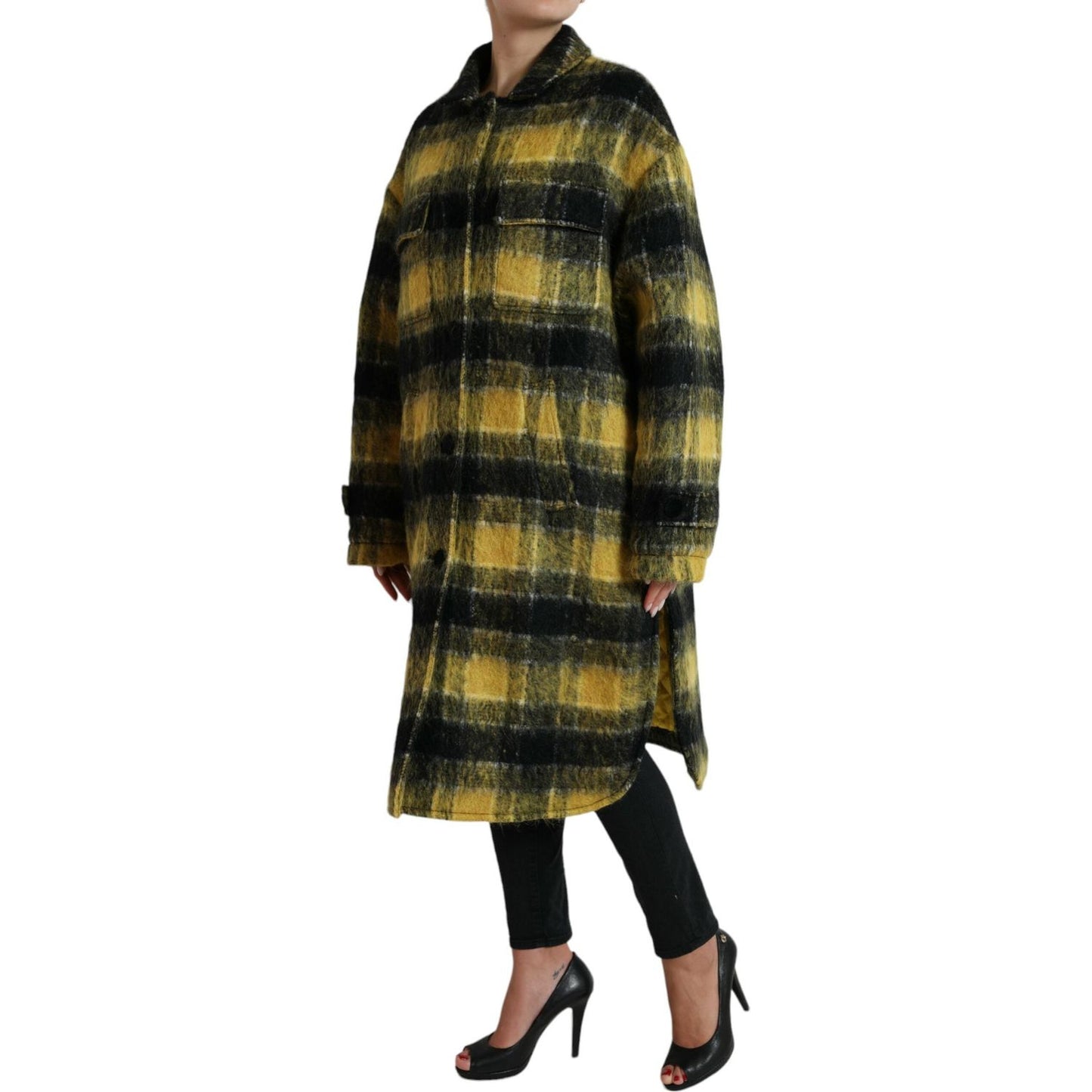 Dolce & Gabbana Chic Plaid Long Coat in Sunshine Yellow Dolce & Gabbana Black