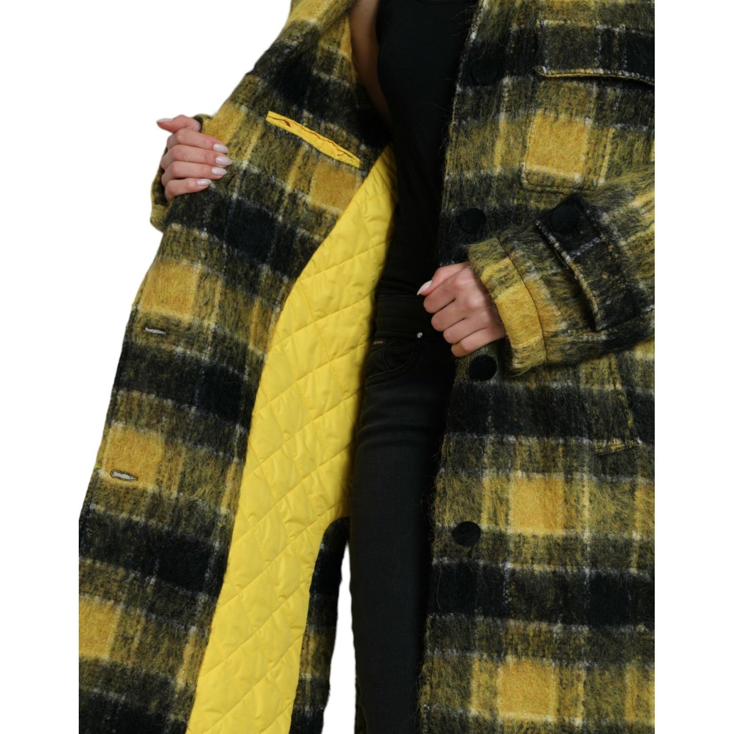 Dolce & Gabbana Chic Plaid Long Coat in Sunshine Yellow Dolce & Gabbana Black