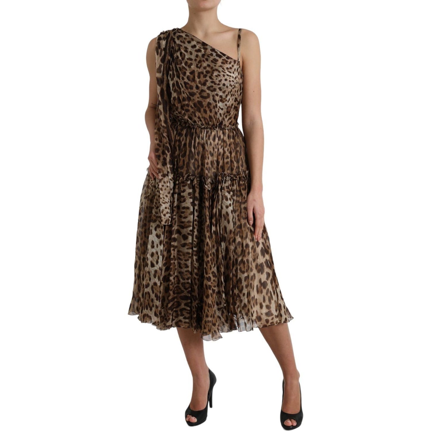 Dolce & Gabbana Elegant One-Shoulder Leopard Midi Dress Dolce & Gabbana Dark Slate Gray