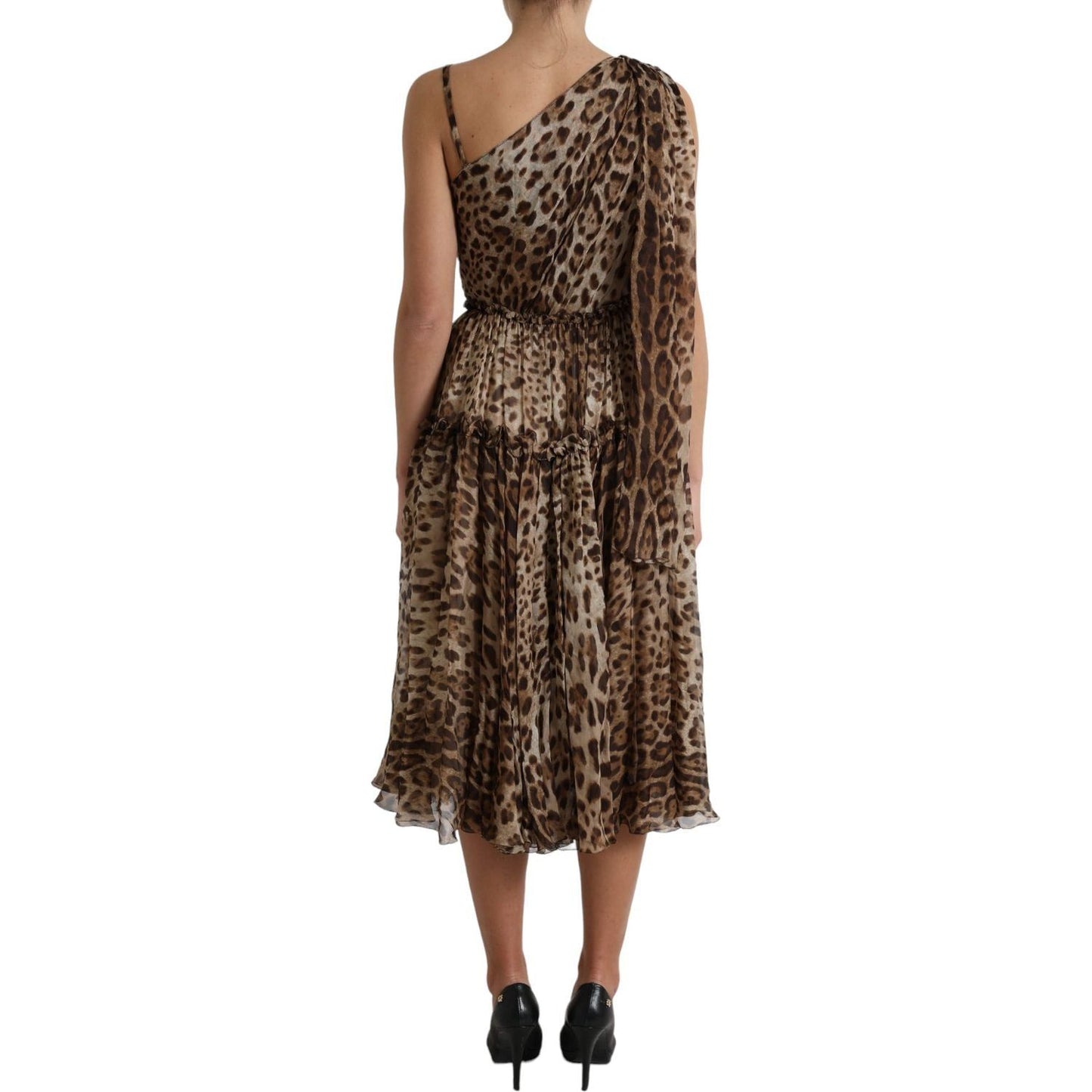 Dolce & Gabbana Elegant One-Shoulder Leopard Midi Dress Dolce & Gabbana Dark Olive Green