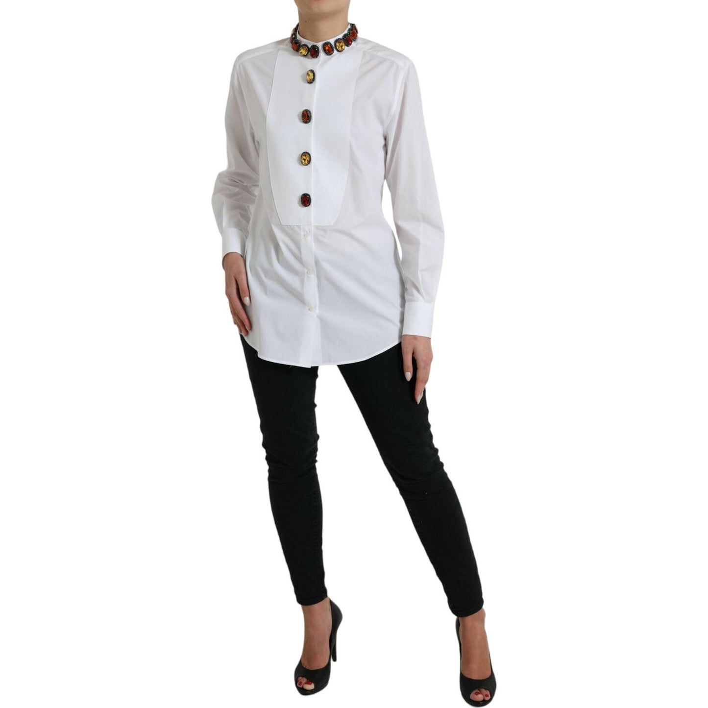 Dolce & Gabbana Elegant Crystal-Embellished White Cotton Top Dolce & Gabbana Light Gray