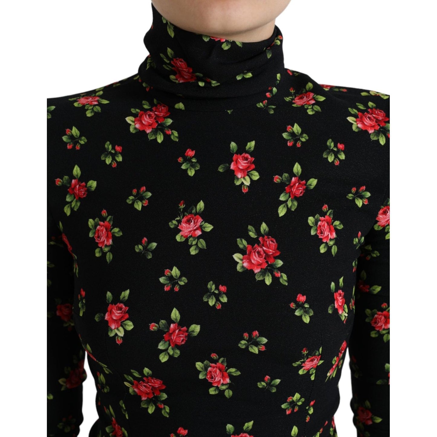 Dolce & Gabbana Black Rose Print Turtle Neck Blouse Top TSH84235-40