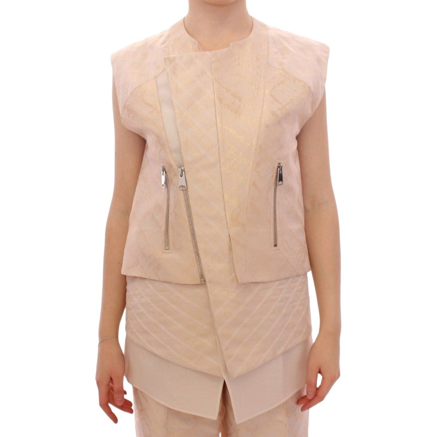 Zeyneptosun Exquisite Beige Brocade Sleeveless Jacket Vest Coats & Jackets Zeyneptosun Tan