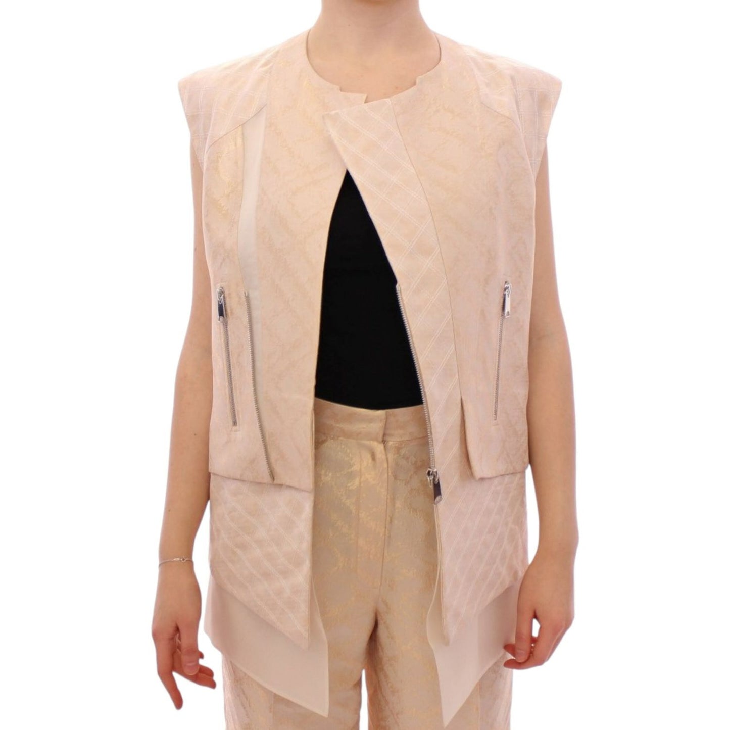 Zeyneptosun Exquisite Beige Brocade Sleeveless Jacket Vest Coats & Jackets Zeyneptosun Tan