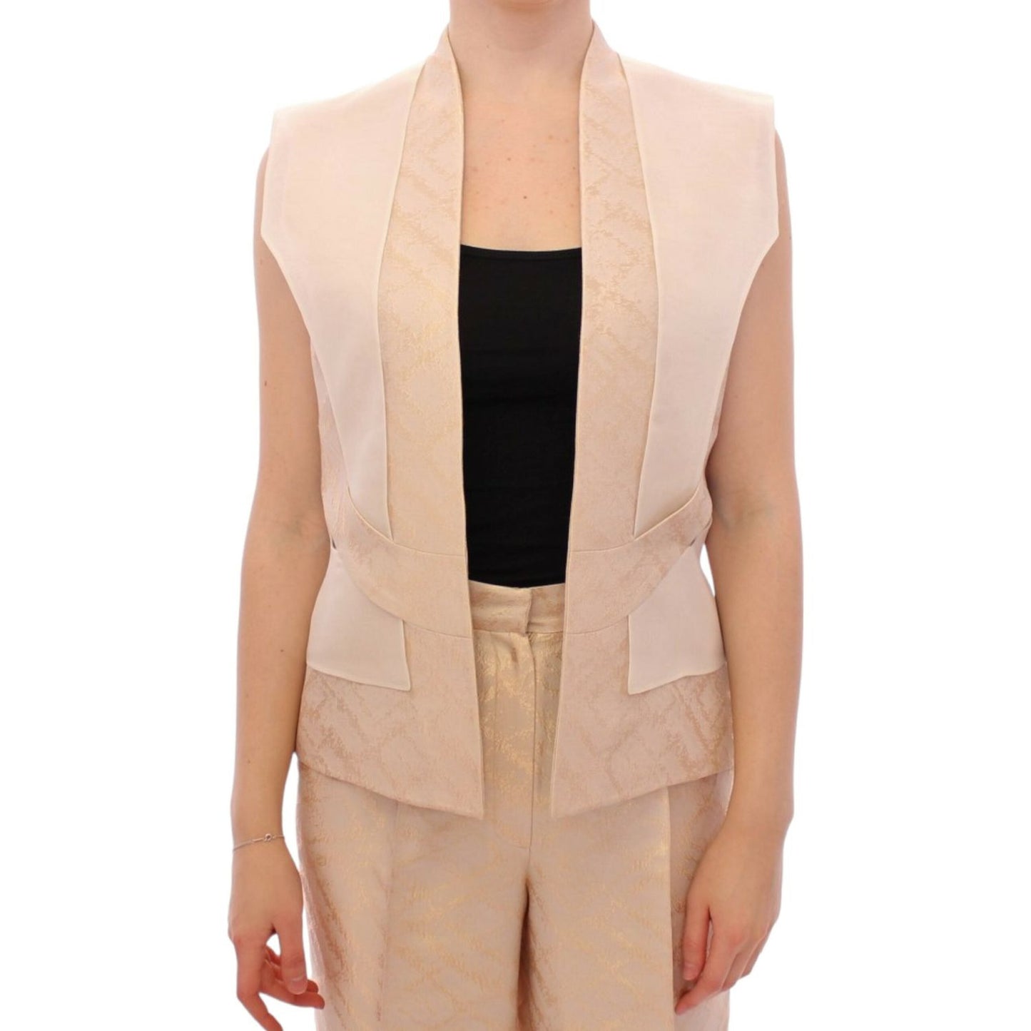 Zeyneptosun Exclusive Beige Brocade Sleeveless Vest Coats & Jackets Zeyneptosun Tan