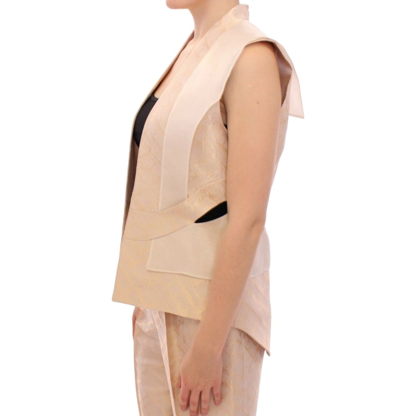 Zeyneptosun Exclusive Beige Brocade Sleeveless Vest Coats & Jackets Zeyneptosun Tan