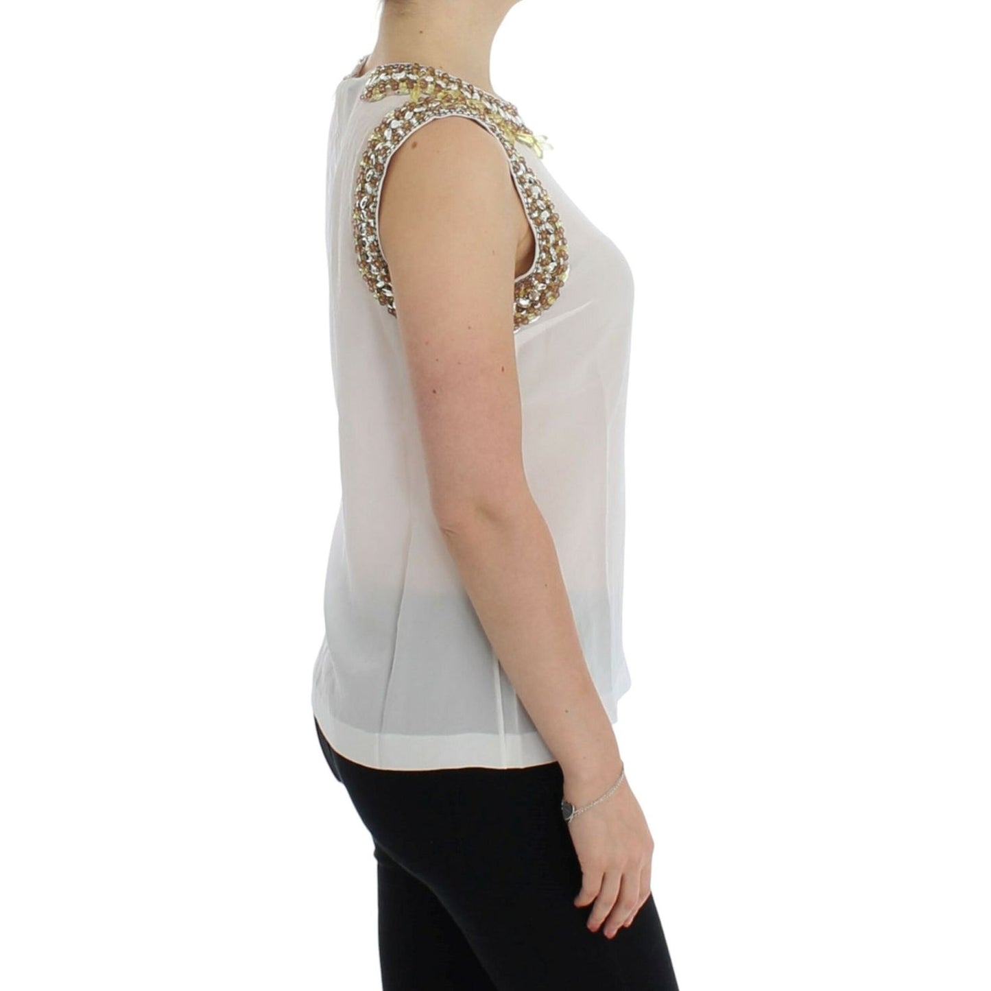 Dolce & Gabbana Elegant Sleeveless Silk Blouse with Crystal Embellishment Dolce & Gabbana Dark Gray