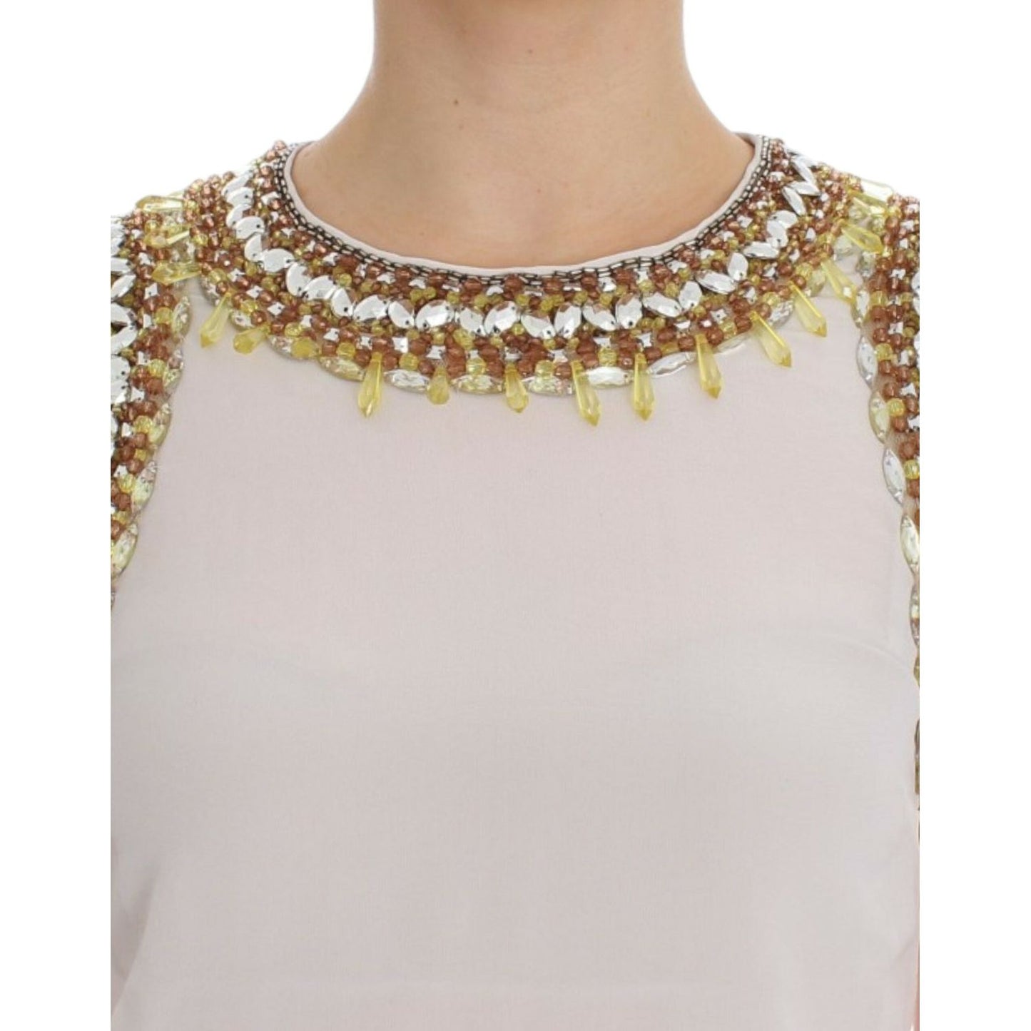 Dolce & Gabbana Elegant Sleeveless Silk Blouse with Crystal Embellishment Dolce & Gabbana Light Gray