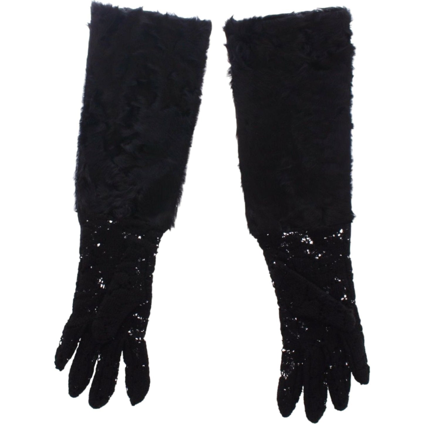Dolce & Gabbana Black Wool Lace & Lamb Fur Elbow Gloves Dolce & Gabbana Black