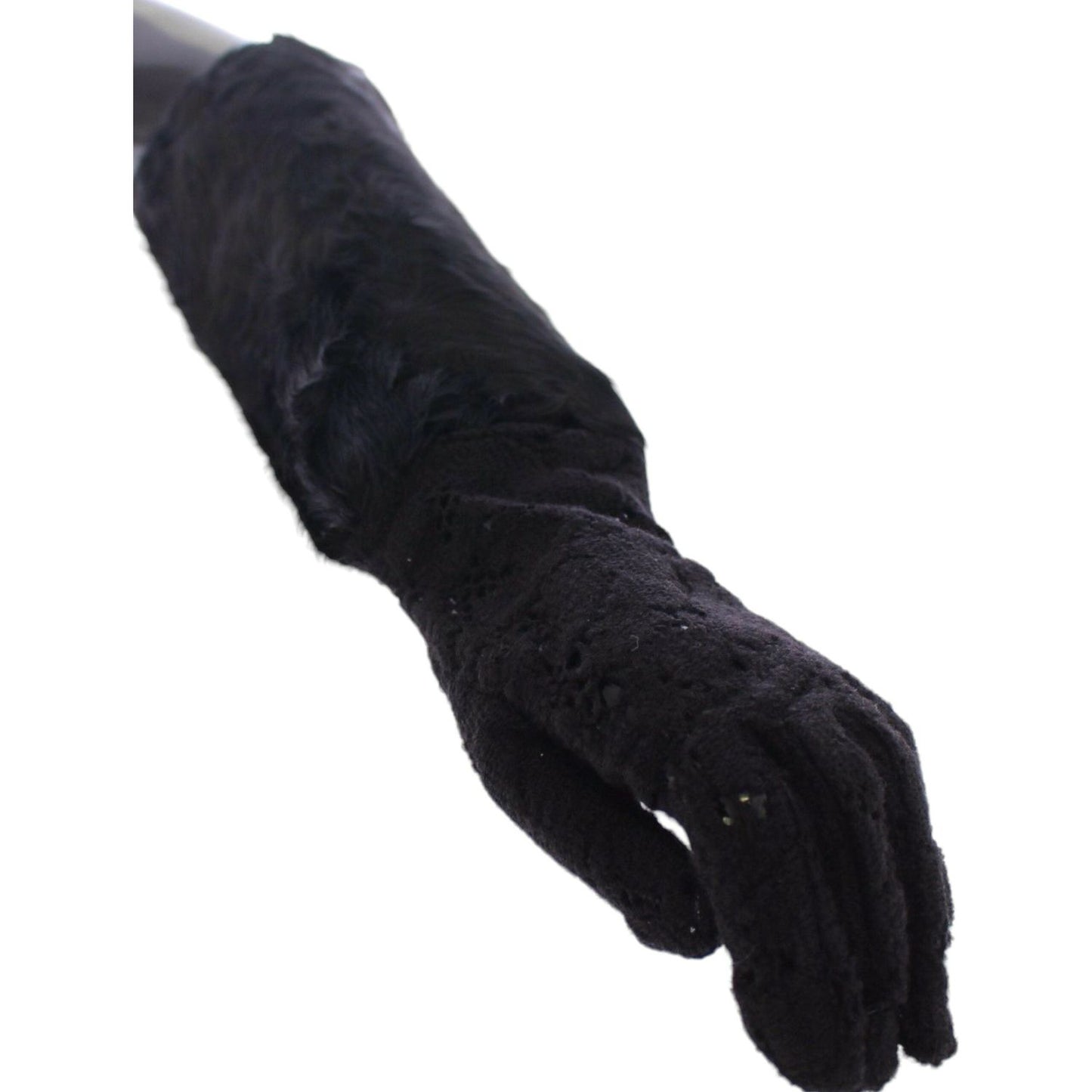 Dolce & Gabbana Black Wool Lace & Lamb Fur Elbow Gloves Dolce & Gabbana Black