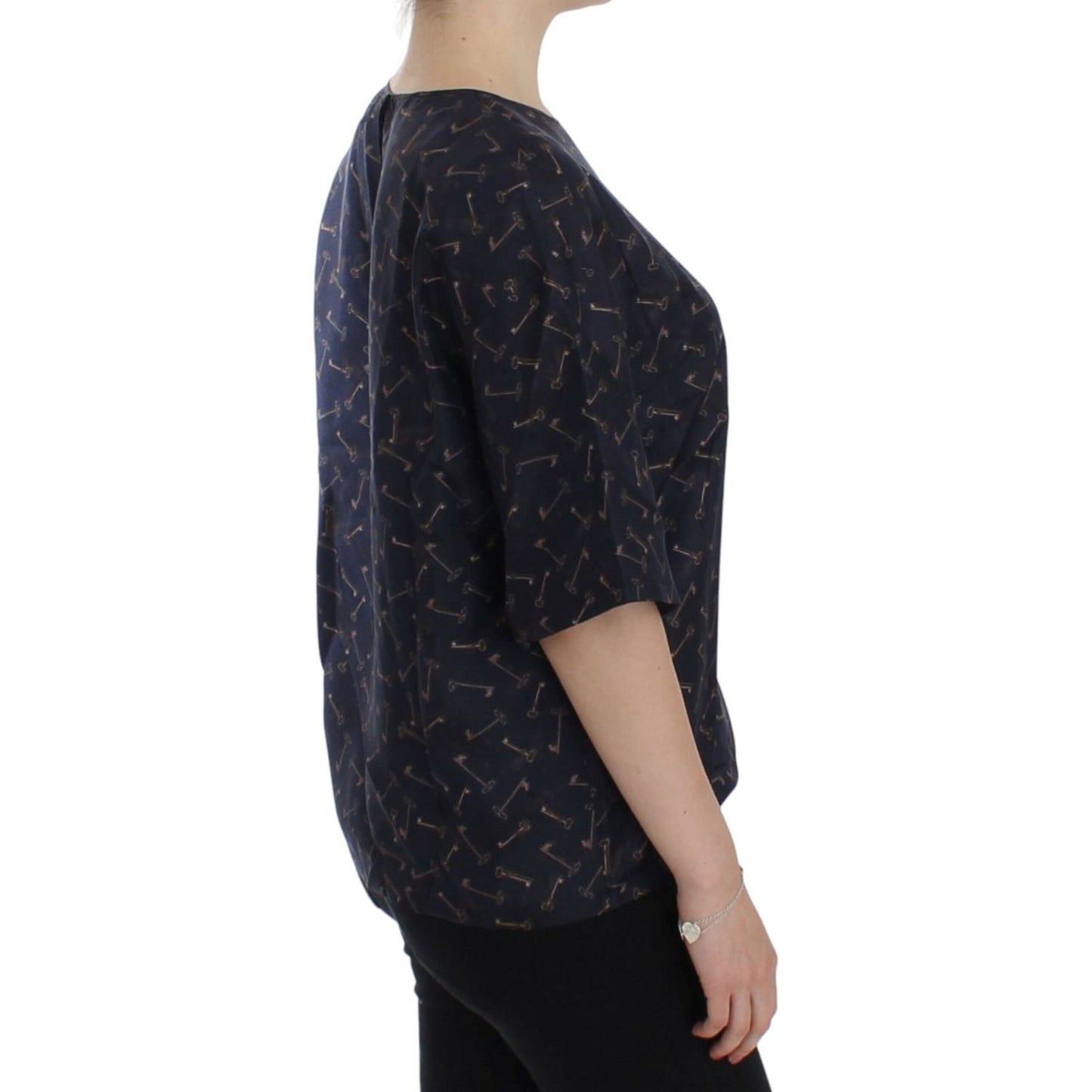Dolce & Gabbana Enchanted Sicily Silk Blouse with Gold Keys Print Dolce & Gabbana Black